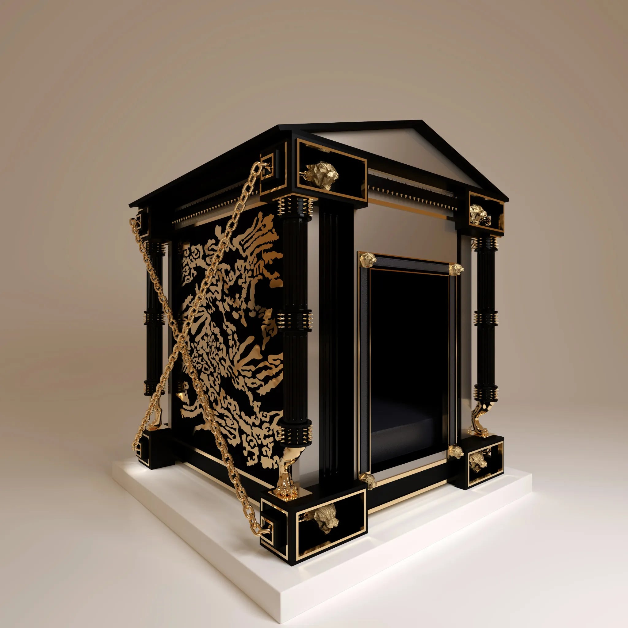 "Side view of a luxury dog kennel featuring an exotic designer tiger inlay, representing the wild soul of the animal within a tamed 24k gold-plated frame."