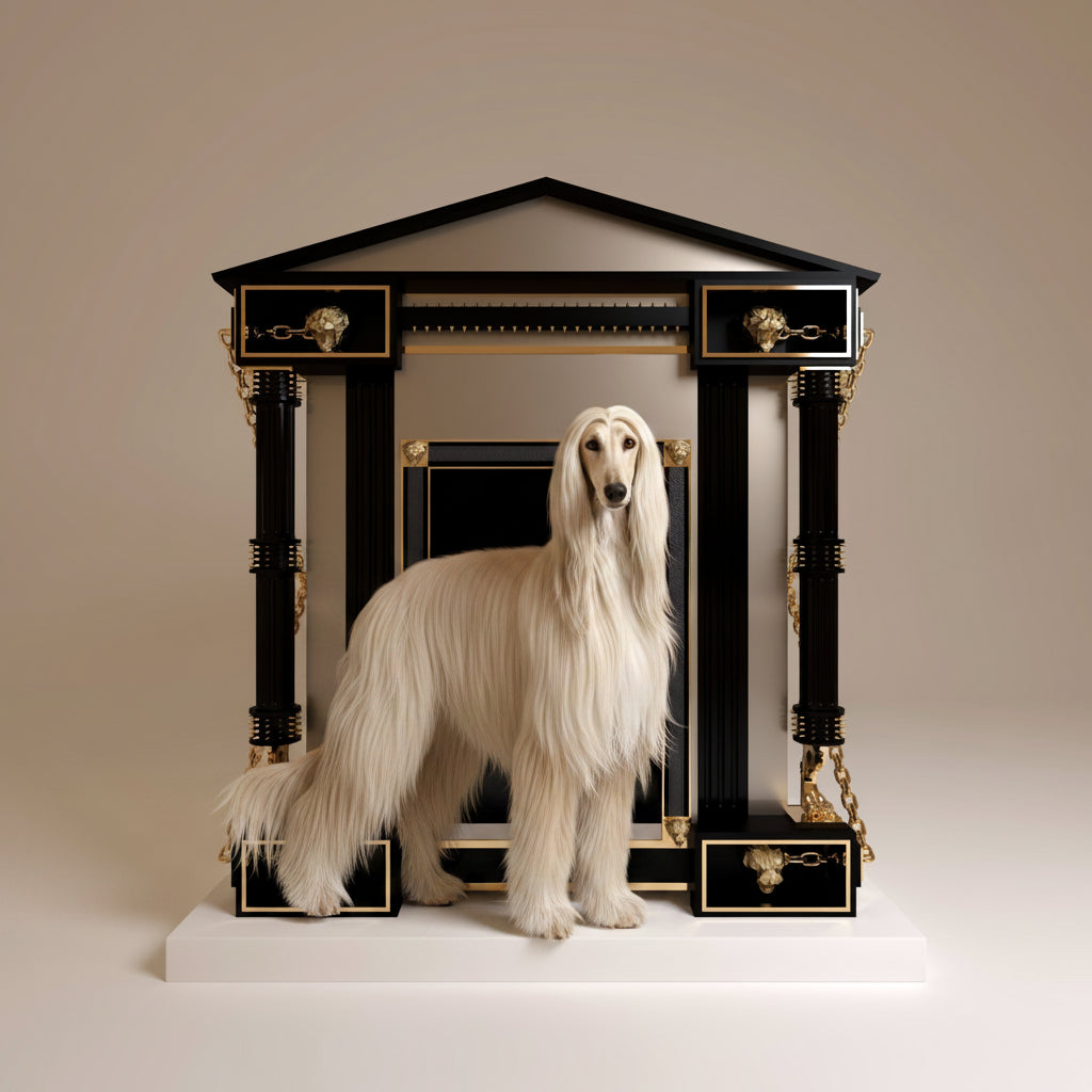 "The grand front view of The Viscount Legacy royal kennel, where the wild spirit of the noble pet meets the tamed elegance of bespoke luxury architecture."