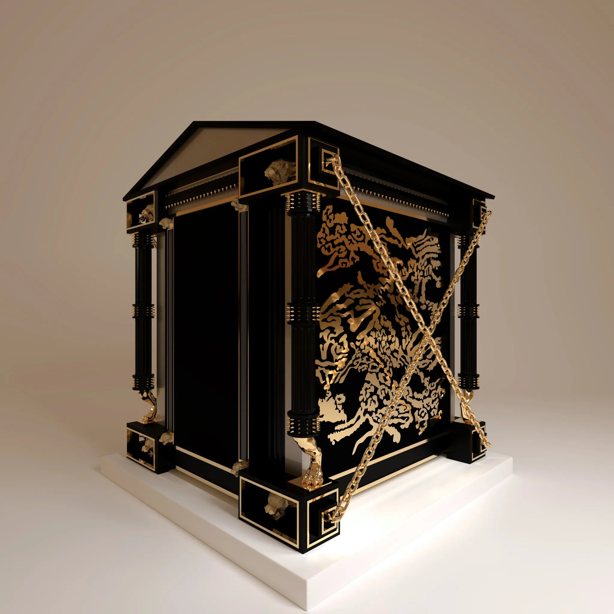 "Detail shot of the kennel pillars adorned with 24 carat gold studs, a royal designer tribute to the power found in the tamed and the wild essence of exotic breeds."