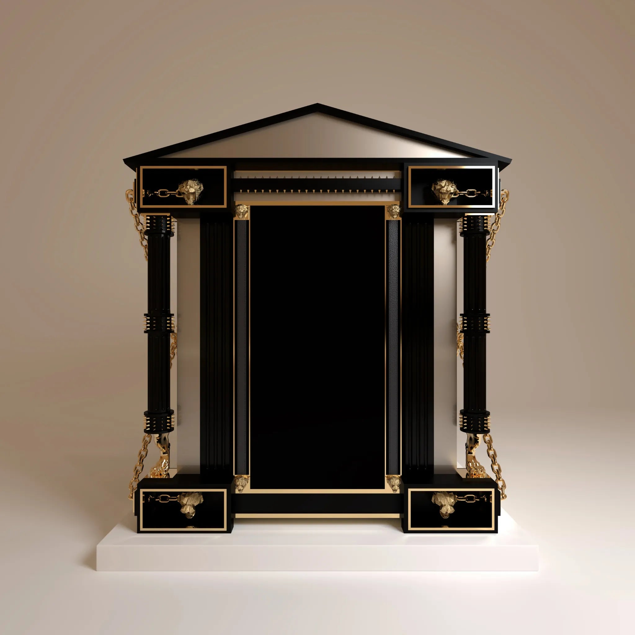 "Rear view of The Viscount dog kennel, showcasing a spectacular design structure that perfectly harmonizes classical architecture with raw, wild animalistic instincts."