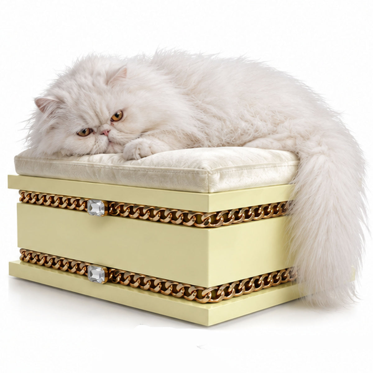 Fluffy white Persian cat lounging on a FUROAR Twinkle luxury cat bed with gold chain detailing.