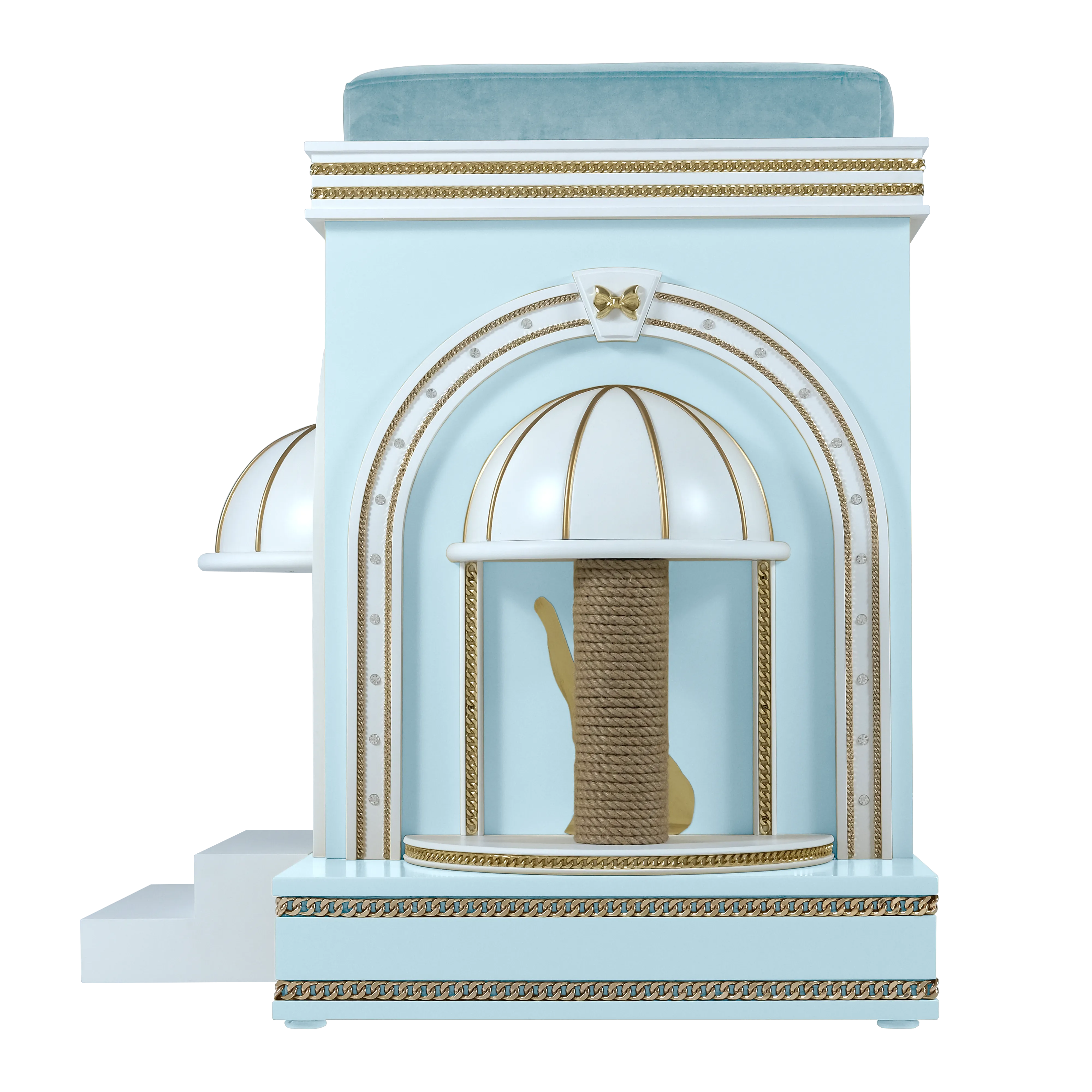 "Premium sisal scratching column on the COUNTESS luxury pet house, where the wild instinct meets a tamed and regal designer masterpiece."