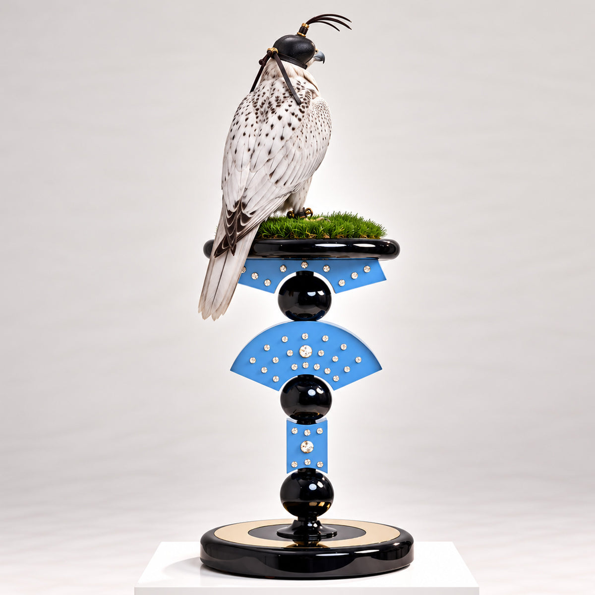 BEGUMAR, The Apex Falcon Perch by FUROAR, featuring a sculptural royal blue and black design with crystal detailing, green grip grass and a white hooded falcon.