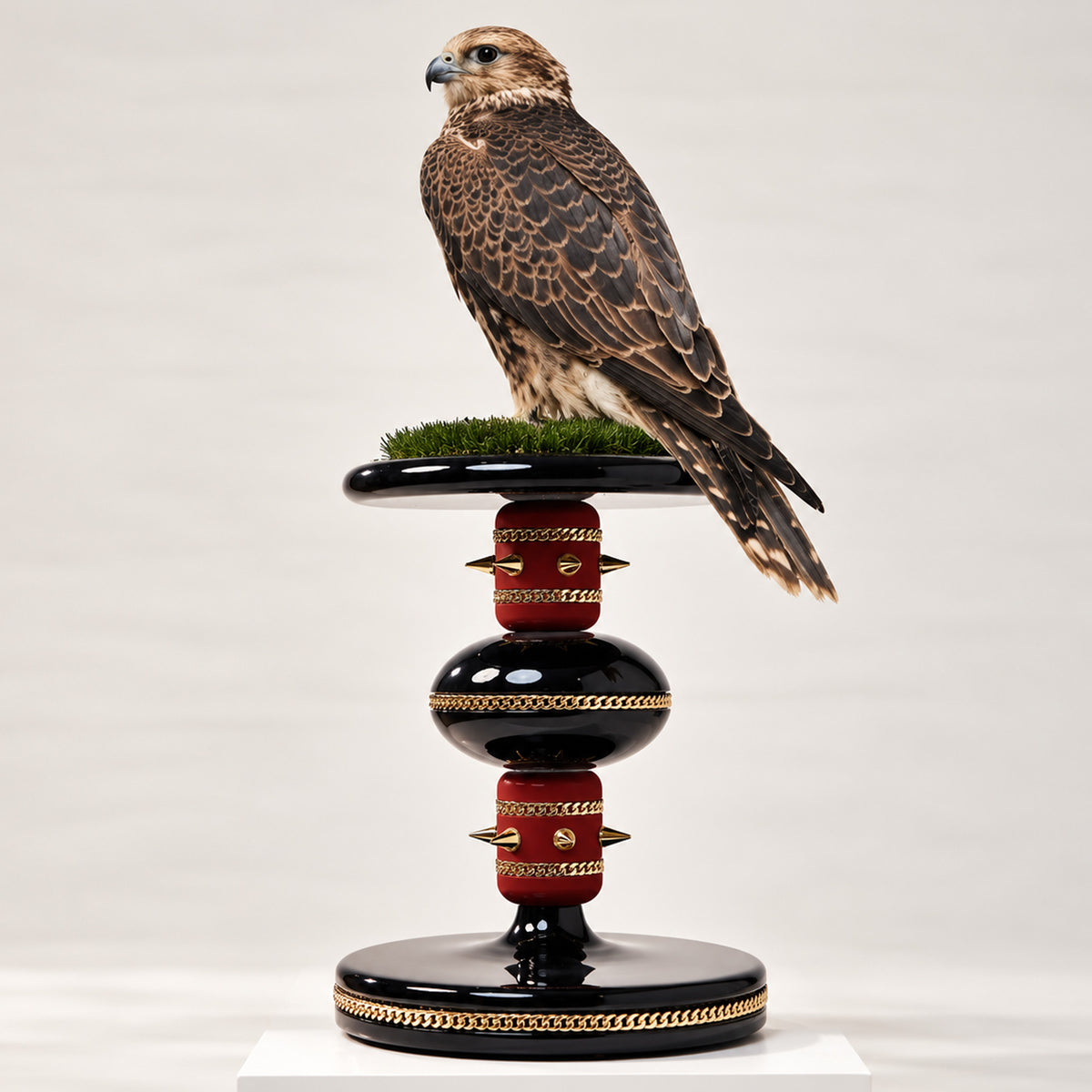 Brown falcon perched on the BOYAR Sovereign Sky Falcon Perch, featuring glossy black and burgundy finishes, gold chain detailing and a grass-covered platform.
