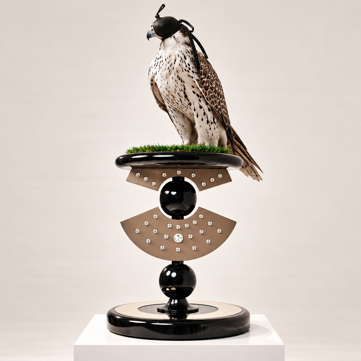 The Warrior Queen Falcon Perch by FUROAR, featuring a sculptural black and metallic design with crystal detailing, topped with green grip grass and a white falcon.