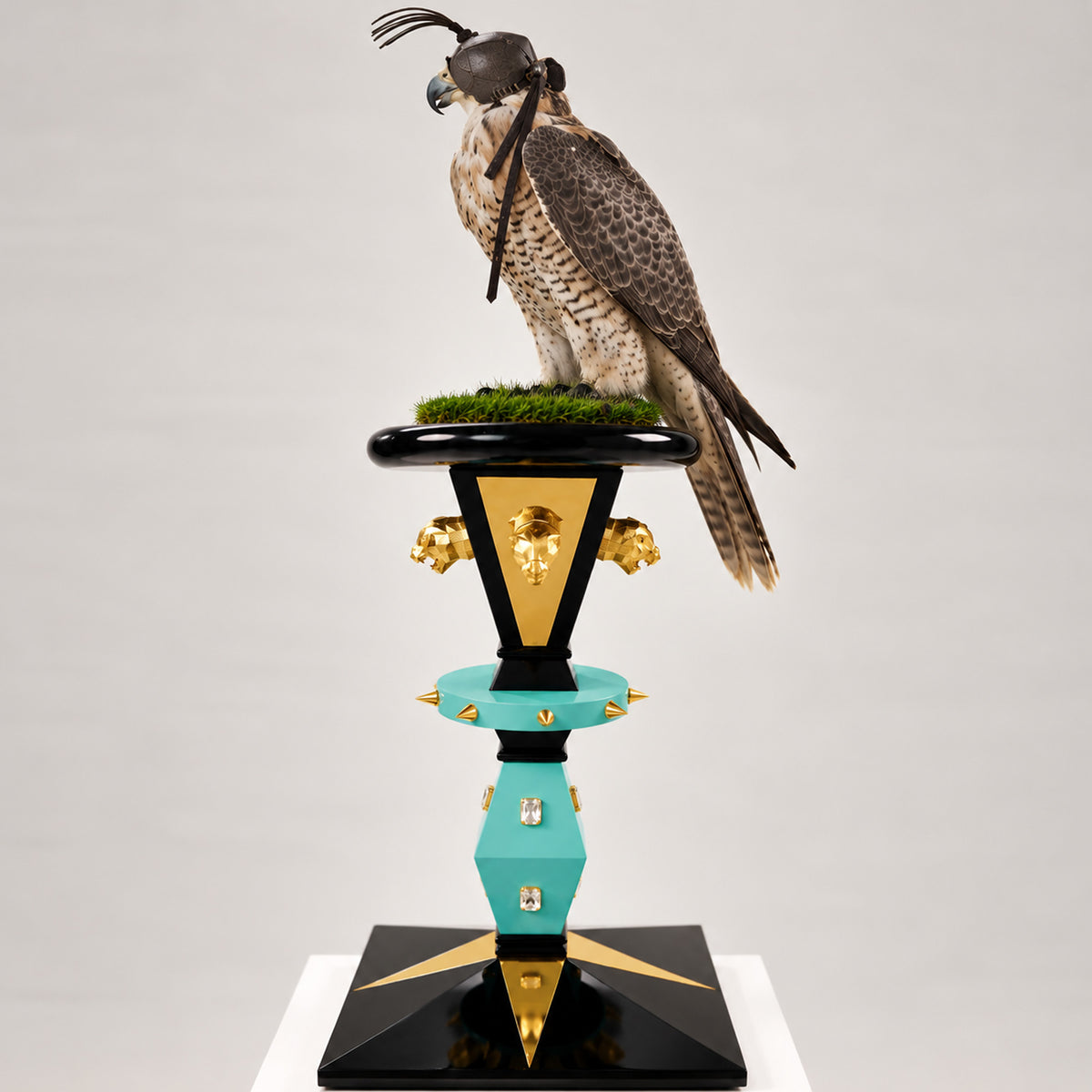 Hooded falcon perched on the FUROAR ELDARR Regal Imperial Falcon Perch, featuring a turquoise and glossy black architectural structure, polished gold panther-head detailing, crystal accents, geometric black-and-gold base, and natural grass perch platform.