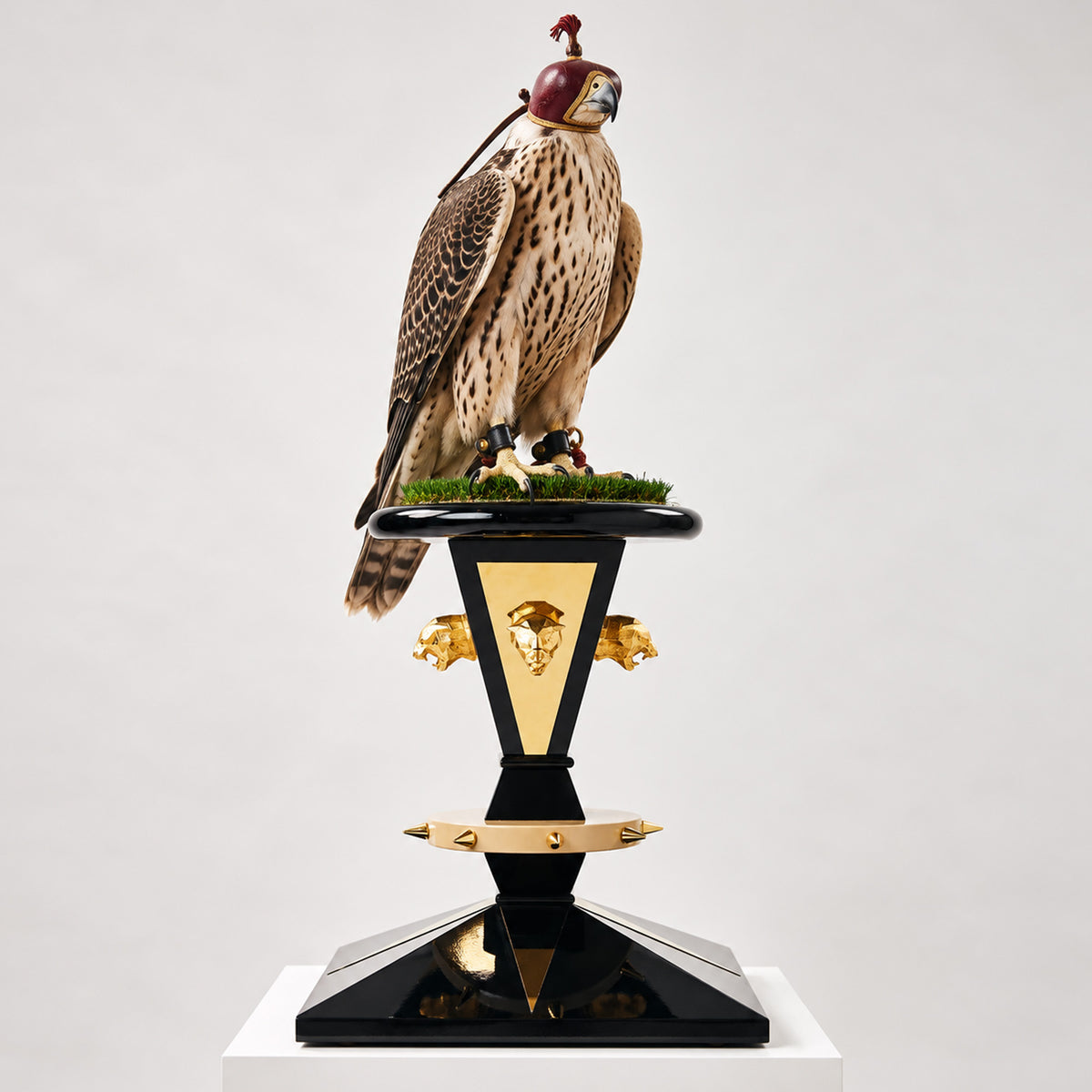 Hooded Shaheen falcon perched on the FUROAR EMPEROR Imperial Crown Falcon Perch, featuring a glossy black architectural base, gold geometric panels, sculpted gold panther heads, studded ivory detailing and a natural grass perch platform.