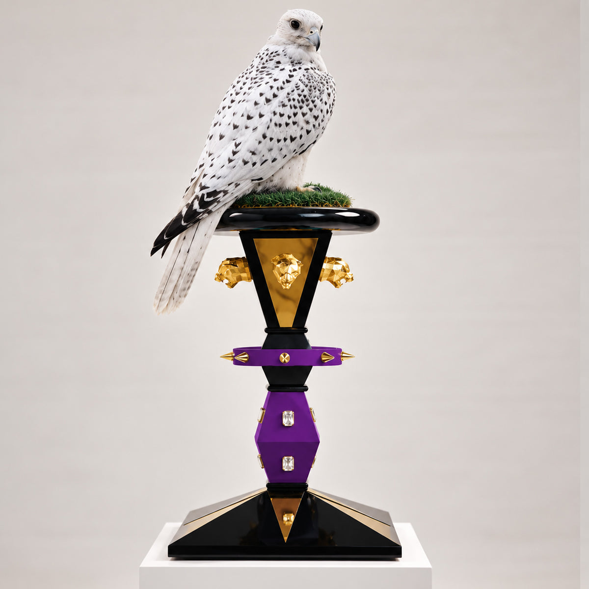 EXOR luxury imperial falcon perch by FUROAR®, featuring a white speckled falcon on a grass-topped platform with sculptural gold lion details, royal purple accents, crystal embellishments and a high-gloss black geometric base.