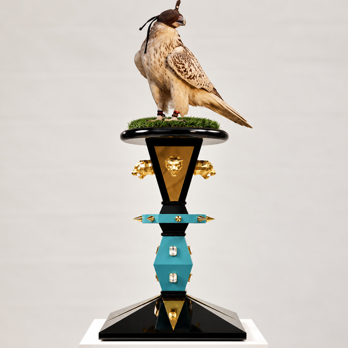 Hooded falcon perched on the FUROAR EZAOR Regal Imperial Falcon Perch, featuring turquoise, glossy black and gold architectural detailing with crystal