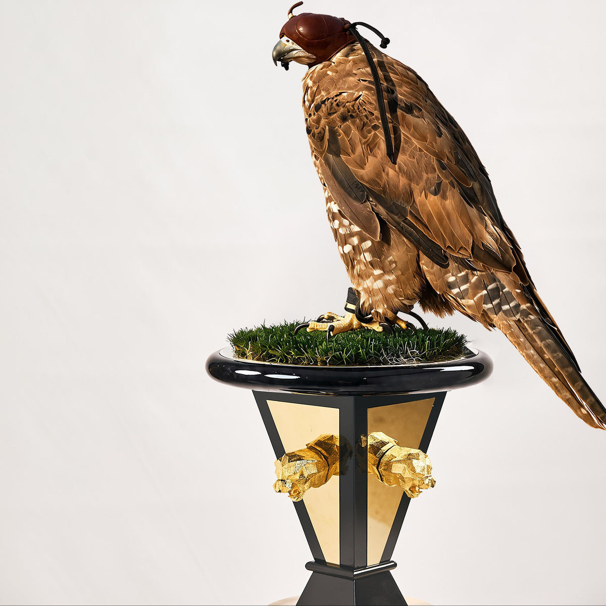 FUROAR falcon stand in black and gold with sculpted lion heads and grip grass top with  a regal falcon perched on the grass 