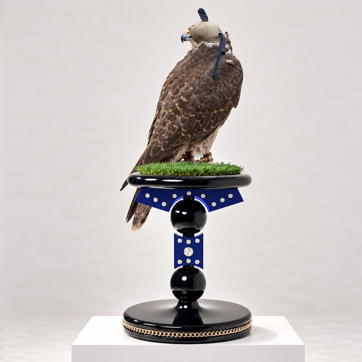 INFANTAR ,The Sovereign Falcon Perch by FUROAR, featuring a sculptural royal blue and black design with crystal detailing, gold chain accents, green grip grass and a hooded falcon.