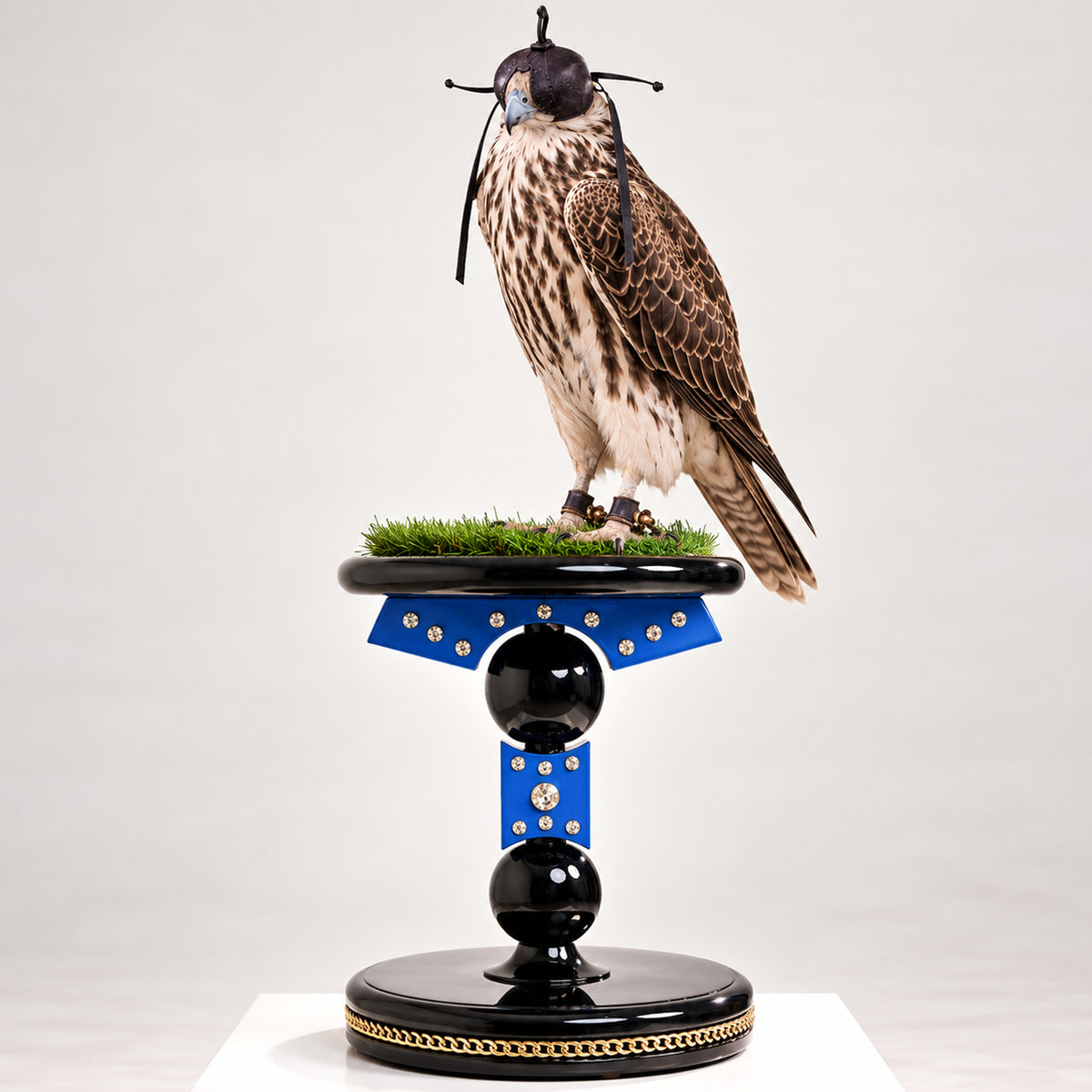 KHATUNAR ,The Sovereign Falcon Perch by FUROAR, featuring a sculptural blue and black design with crystal detailing, gold chain accents, green grip grass and a hooded falcon.