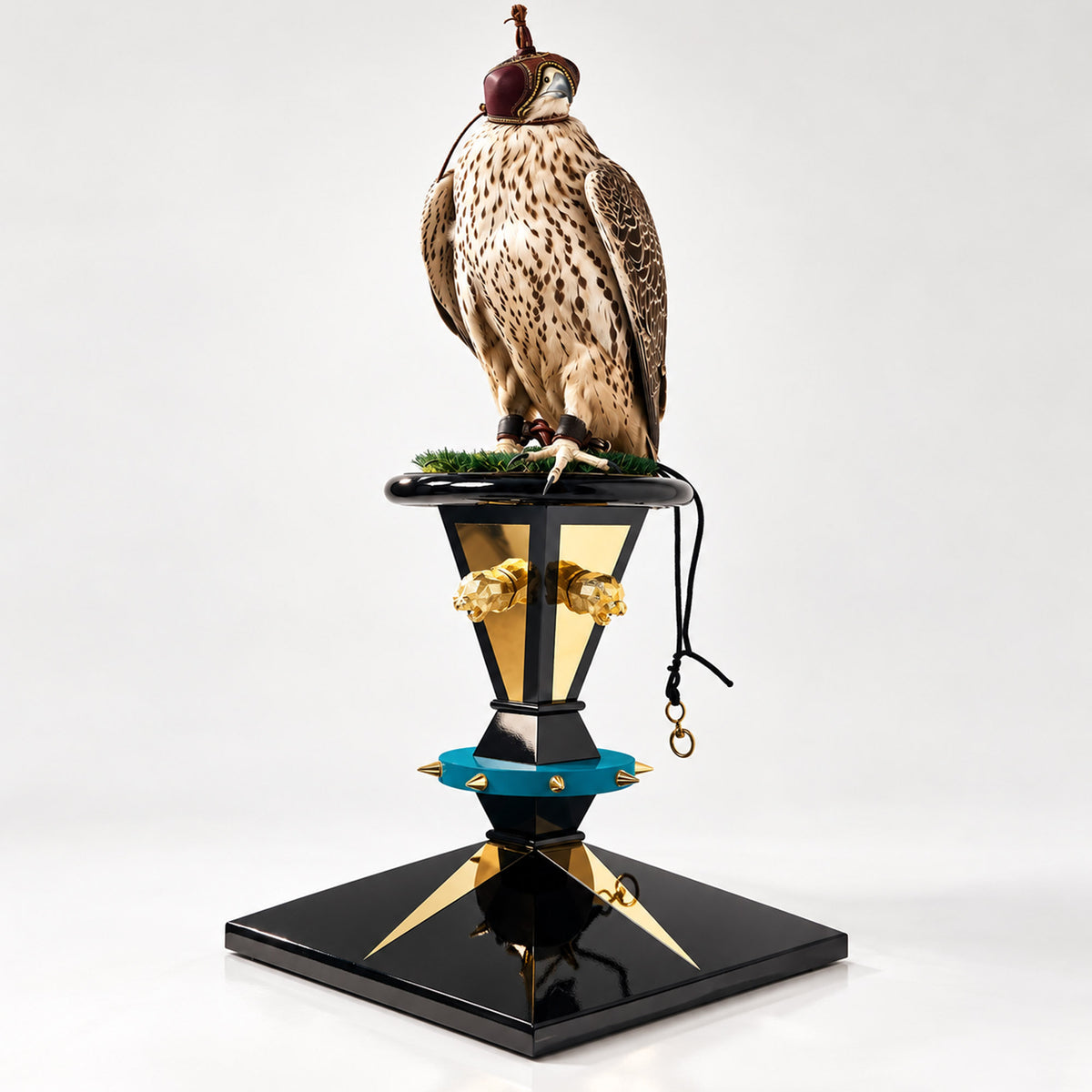 Hooded falcon perched on the FUROAR LYSAAR Imperial Crown Falcon Perch, featuring a glossy black architectural base, gold geometric detailing, sculpted gold panther heads, turquoise accents and a grass-covered perch platform.
