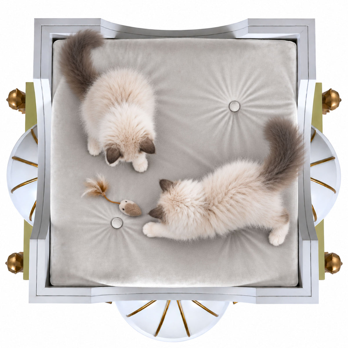 Two fluffy cream and taupe cats play with a feather and mouse toy on a round tufted light gray cushion inside a white and gold decorative pet bed, photographed from directly above on a white background.
