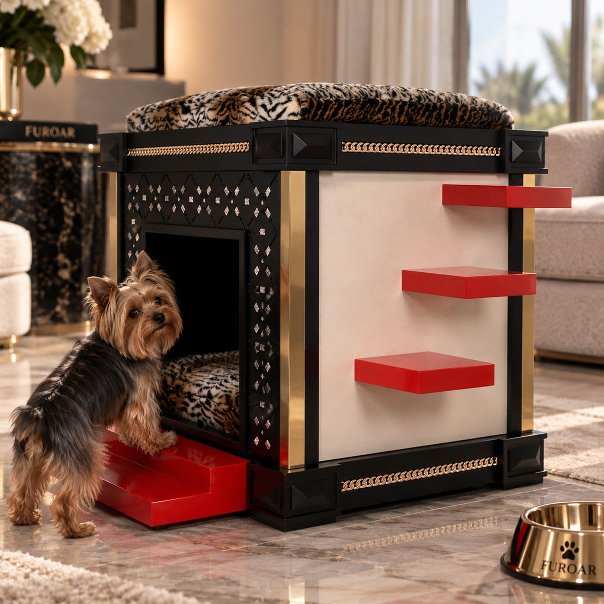 A luxury pet house with a black and gold frame, cream panels, red steps, and a leopard-print cushion, shown with a small dog in a modern living room. A gold FurOar dog bowl is visible in the foreground.