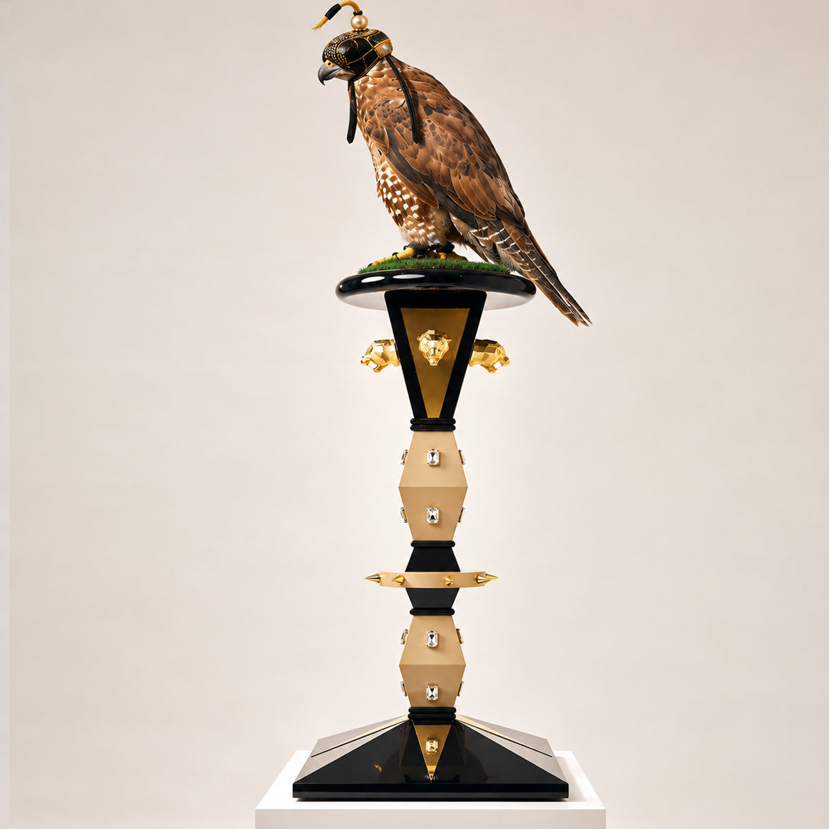 TSAR | The Imperial Flagship Falcon Perch by FUROAR®, featuring a hooded falcon atop a monumental black and gold luxury perch with sculptural gold falcon details, crystal accents, natural grass platform and high-gloss geometric base.