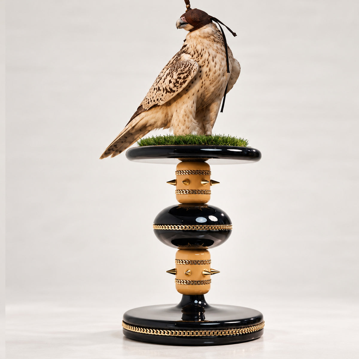 Hooded falcon perched on the TSARAR Sovereign Sky Falcon Perch, featuring a sculptural black and gold design with chain detailing and a grass-covered platform.