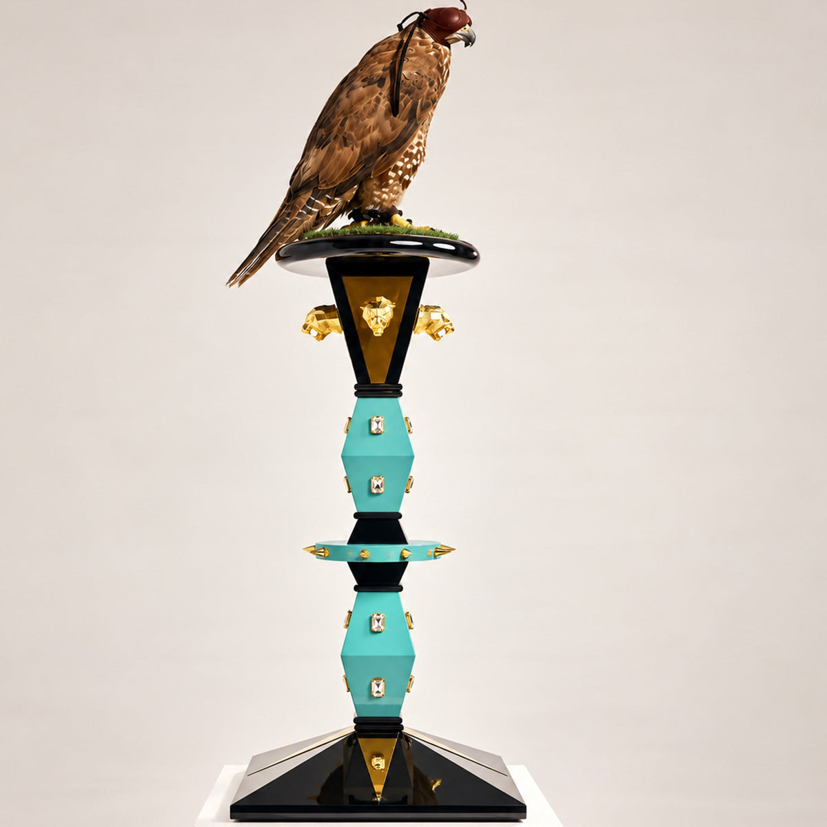ZEPHYRAR | The Imperial Flagship Falcon Perch by FUROAR®, featuring a hooded brown falcon atop a sculptural turquoise, black and gold luxury falcon stand with crystal detailing, gold lion motifs and a grass-topped perch.