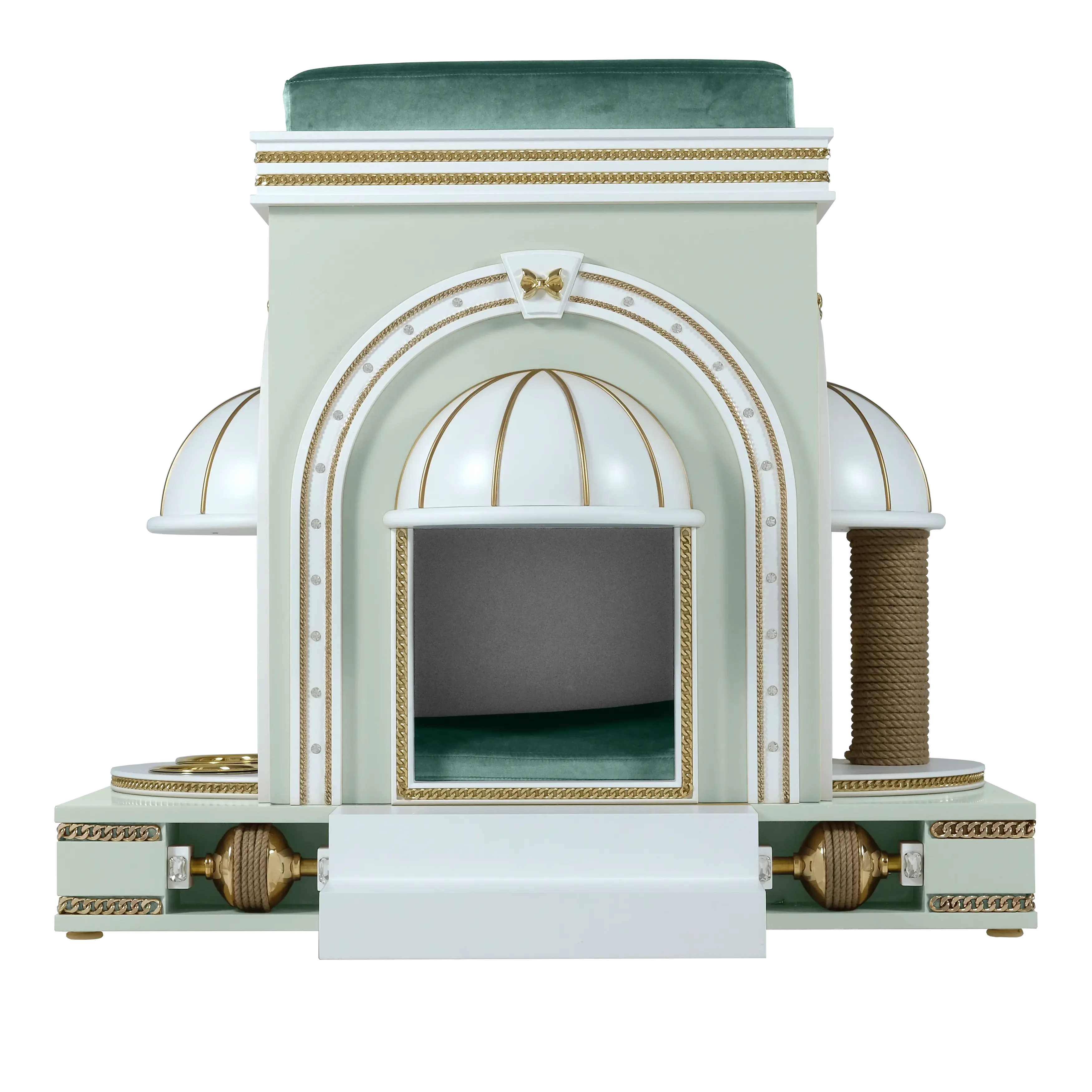 "Front view of the ASTOR luxury pet house, showcasing the refined symmetry and elite modern designer craftsmanship for a noble companion."