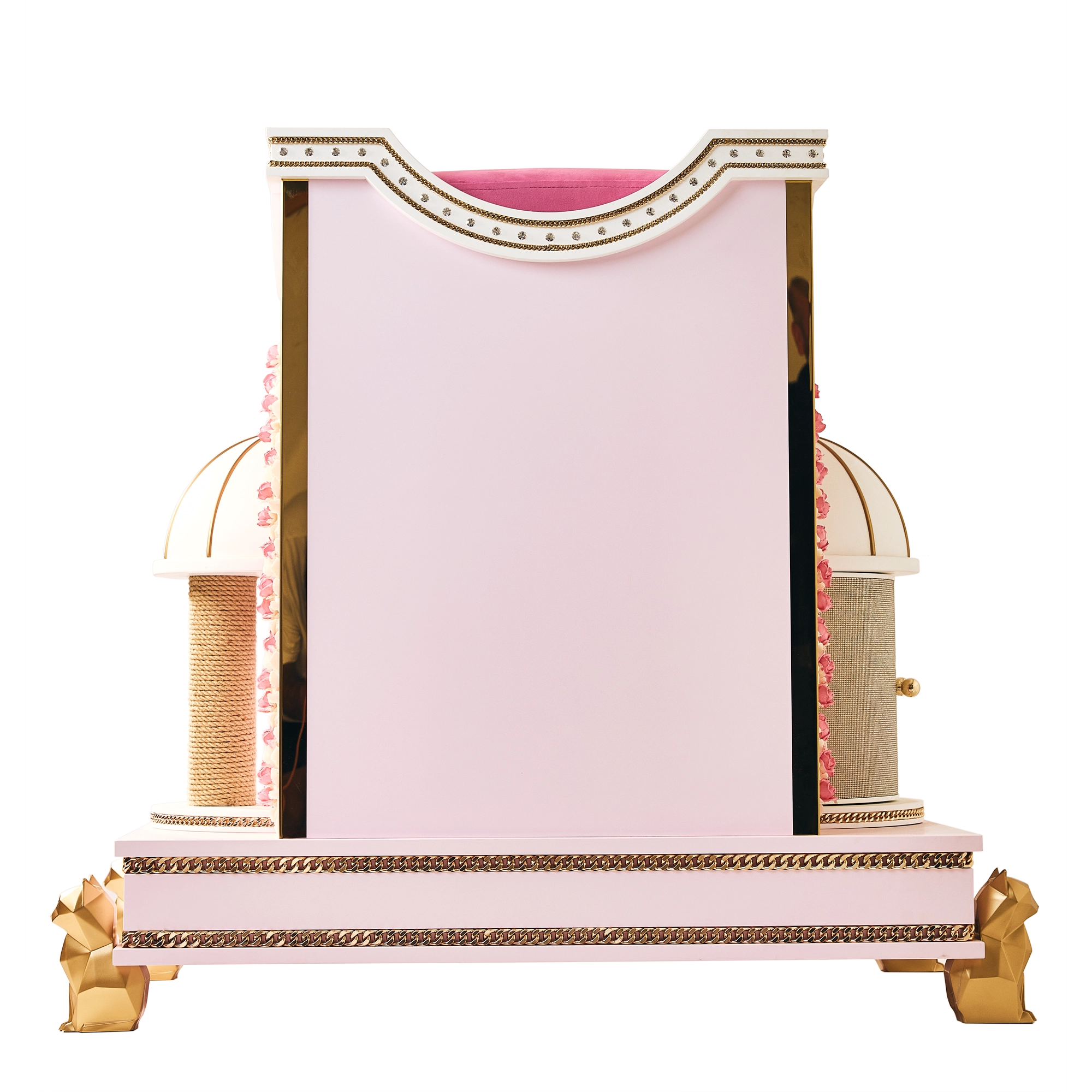 Rear view of the FUROAR Bella luxury pink cat villa, showcasing clean architectural lines, premium gold trim, and geometric gold cat legs.