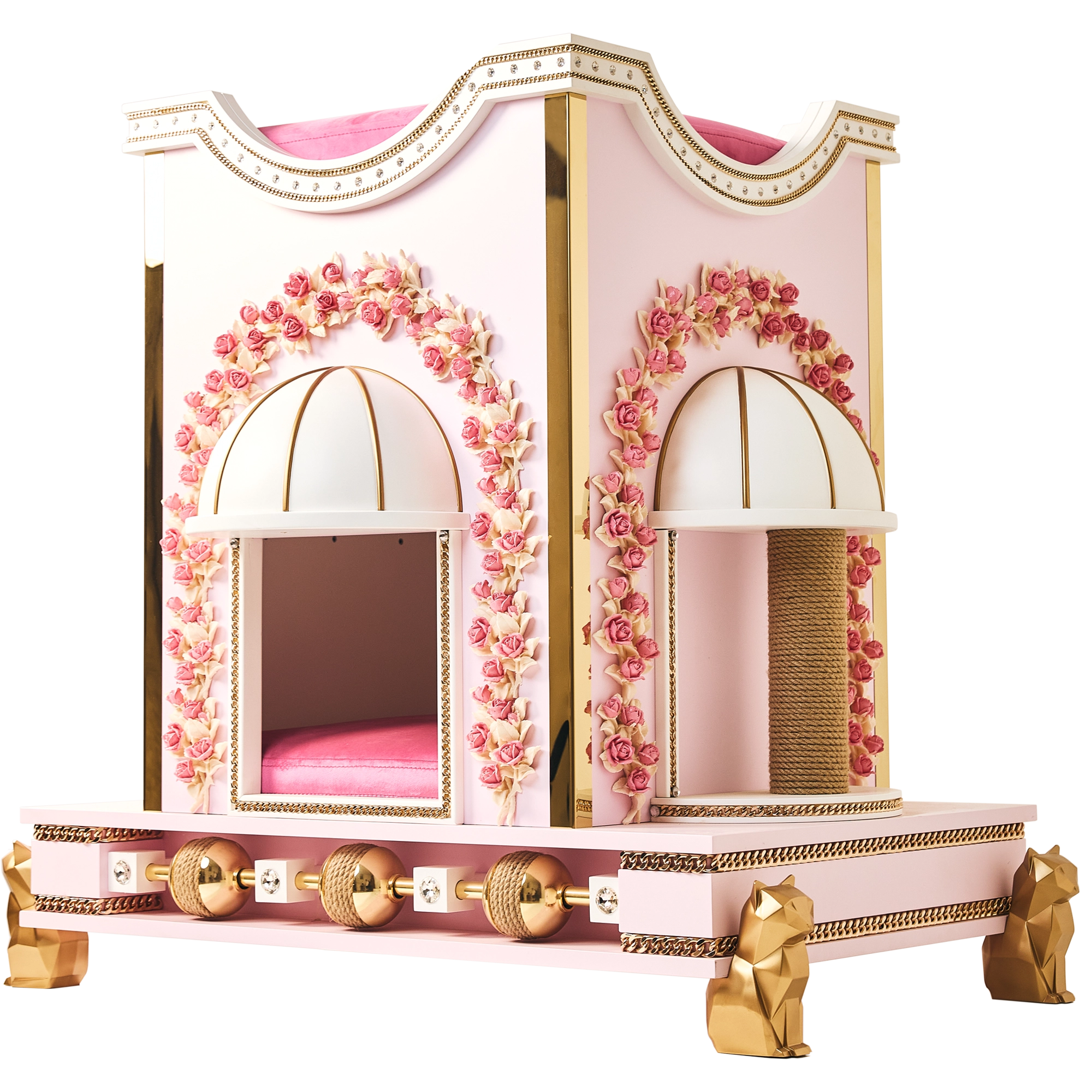 Three-quarter angle of the FUROAR Bella luxury pink cat villa, showcasing the main entry portal and a matching side scratching post section.