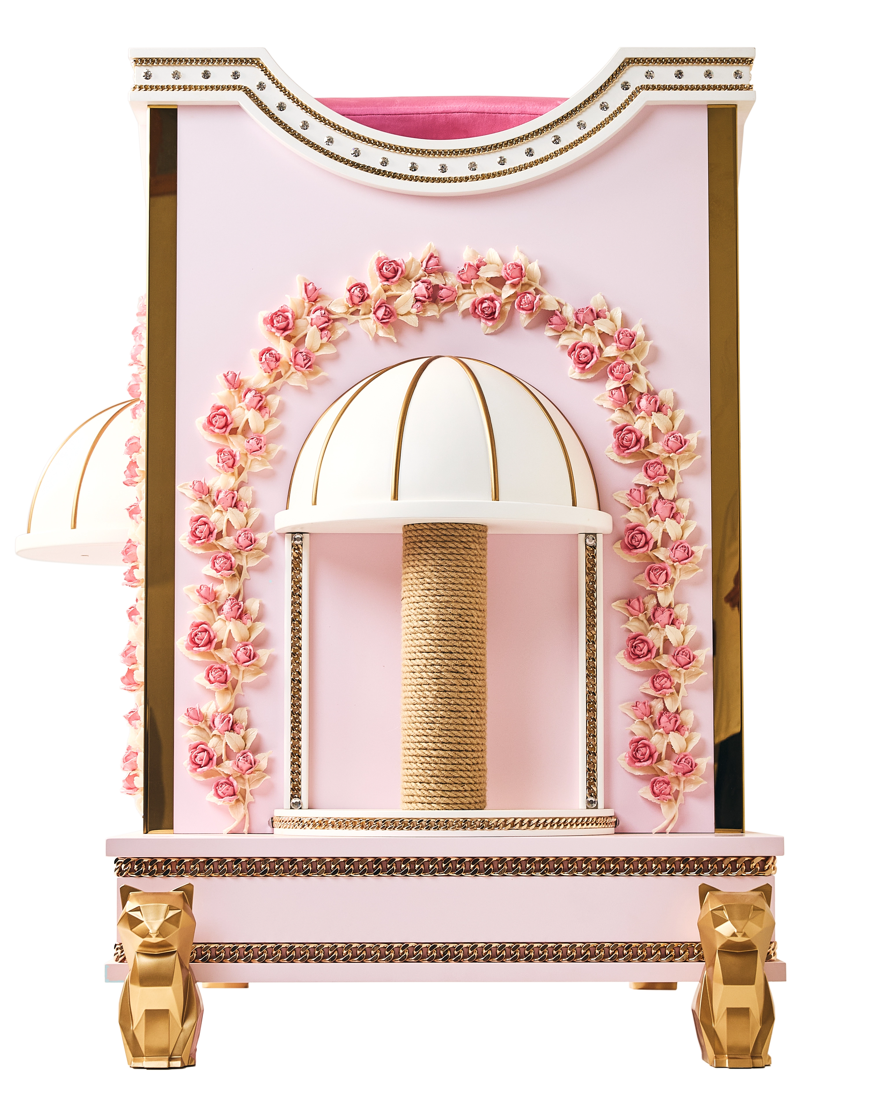 Side view of the FUROAR Bella luxury pink cat house, showcasing a built-in sisal scratching post beneath an elegant domed white canopy.