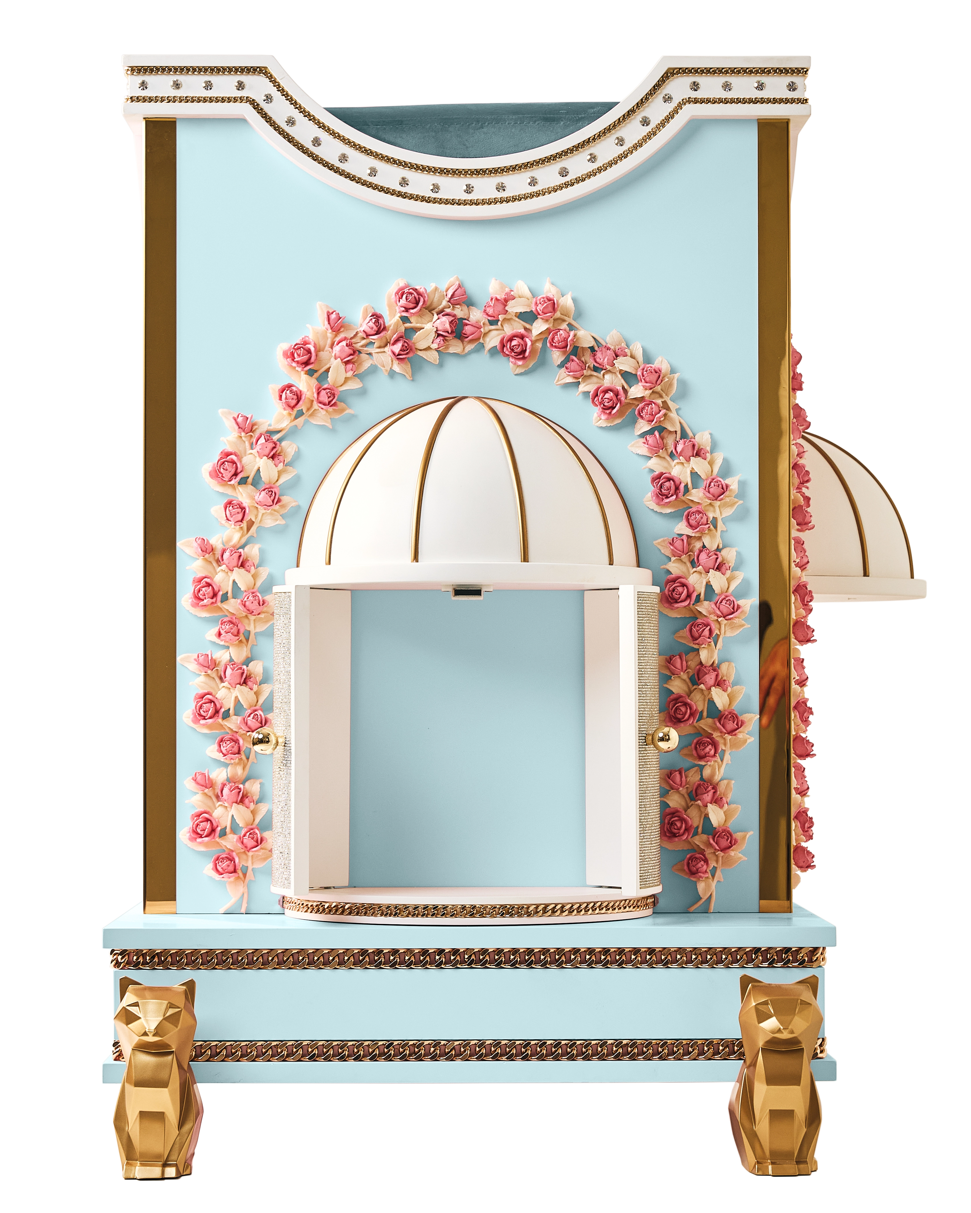 Open front entry compartment on a FUROAR light blue luxury designer cat house.