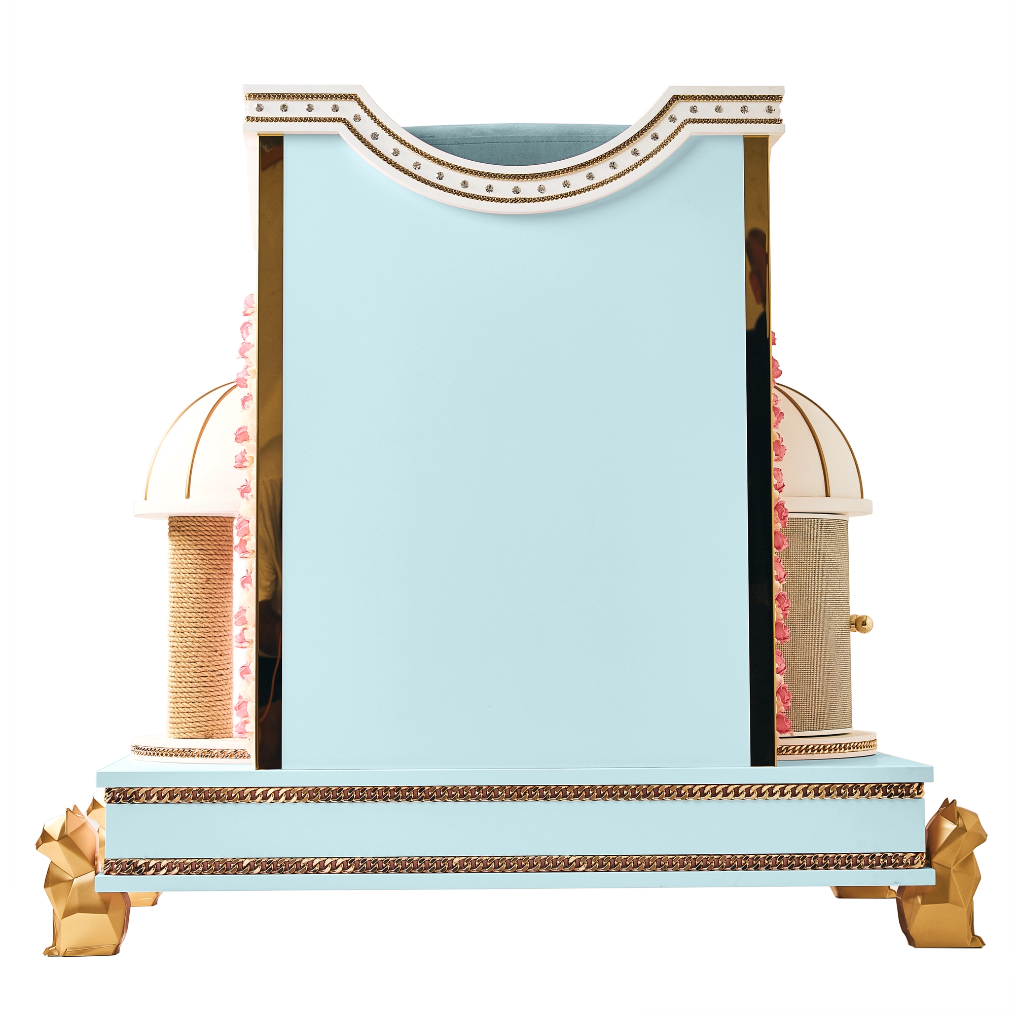  Rear view of the full FUROAR luxury light blue cat villa, showcasing clean architectural panels, premium gold trim, and geometric gold cat legs.