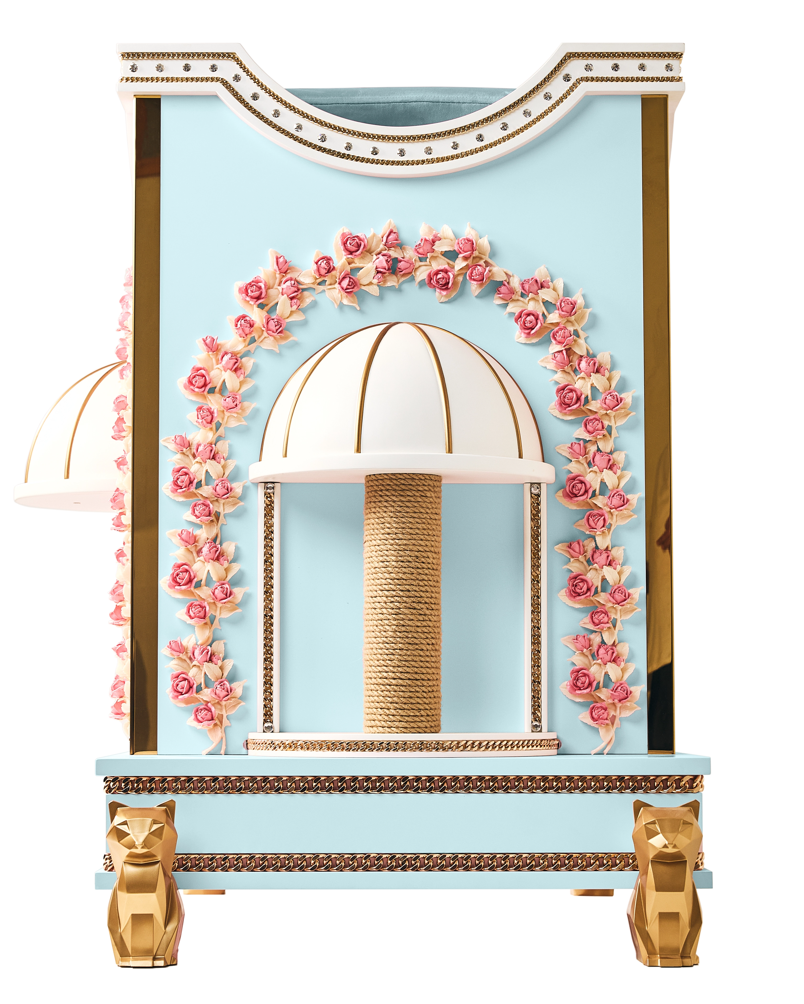 Front view of the FUROAR luxury light blue cat house, showcasing a built-in sisal scratching post beneath an elegant domed white canopy.