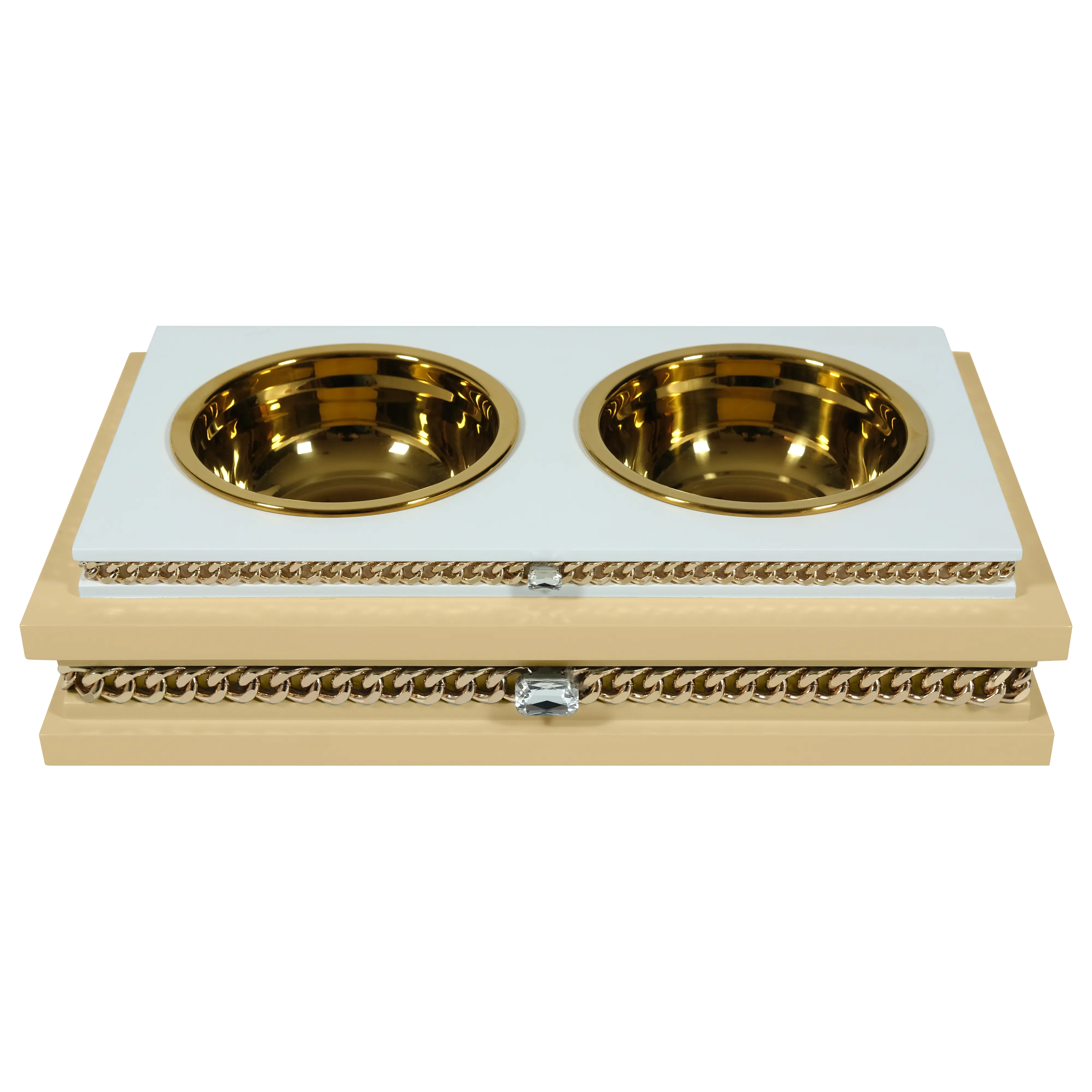 FUROAR Biscuit Double Diner — luxury pet food station with gold stainless steel bowls.