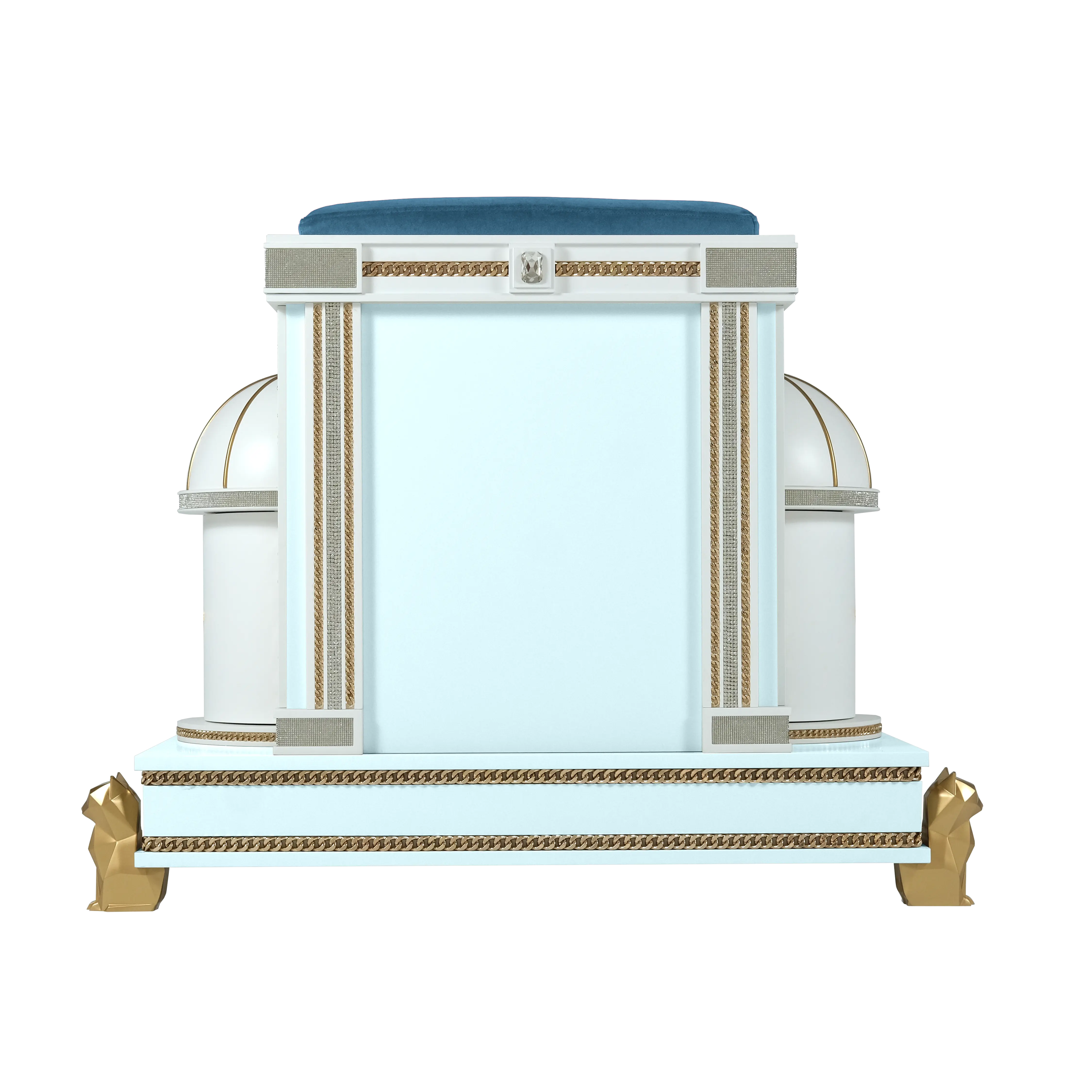 Rear view of the Bonnie Blue modern designer cat house pet palace showcasing the classical architecture and luxury designer touches for a stylish cat or kitten.