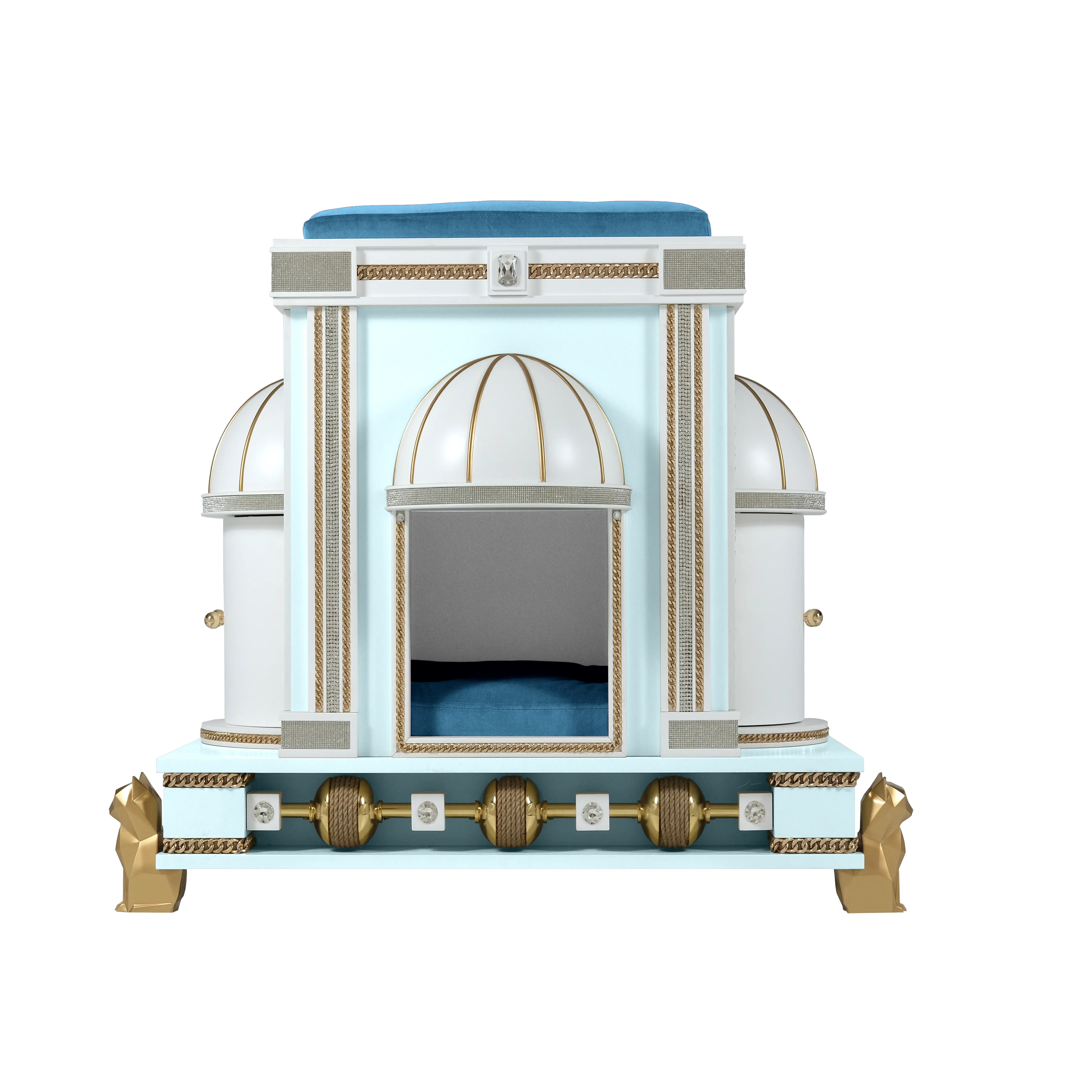  Face view of the Bonnie Blue modern designer cat house showing the luxurious internal lounge and top plush pet beds for a royal cat or kitten.