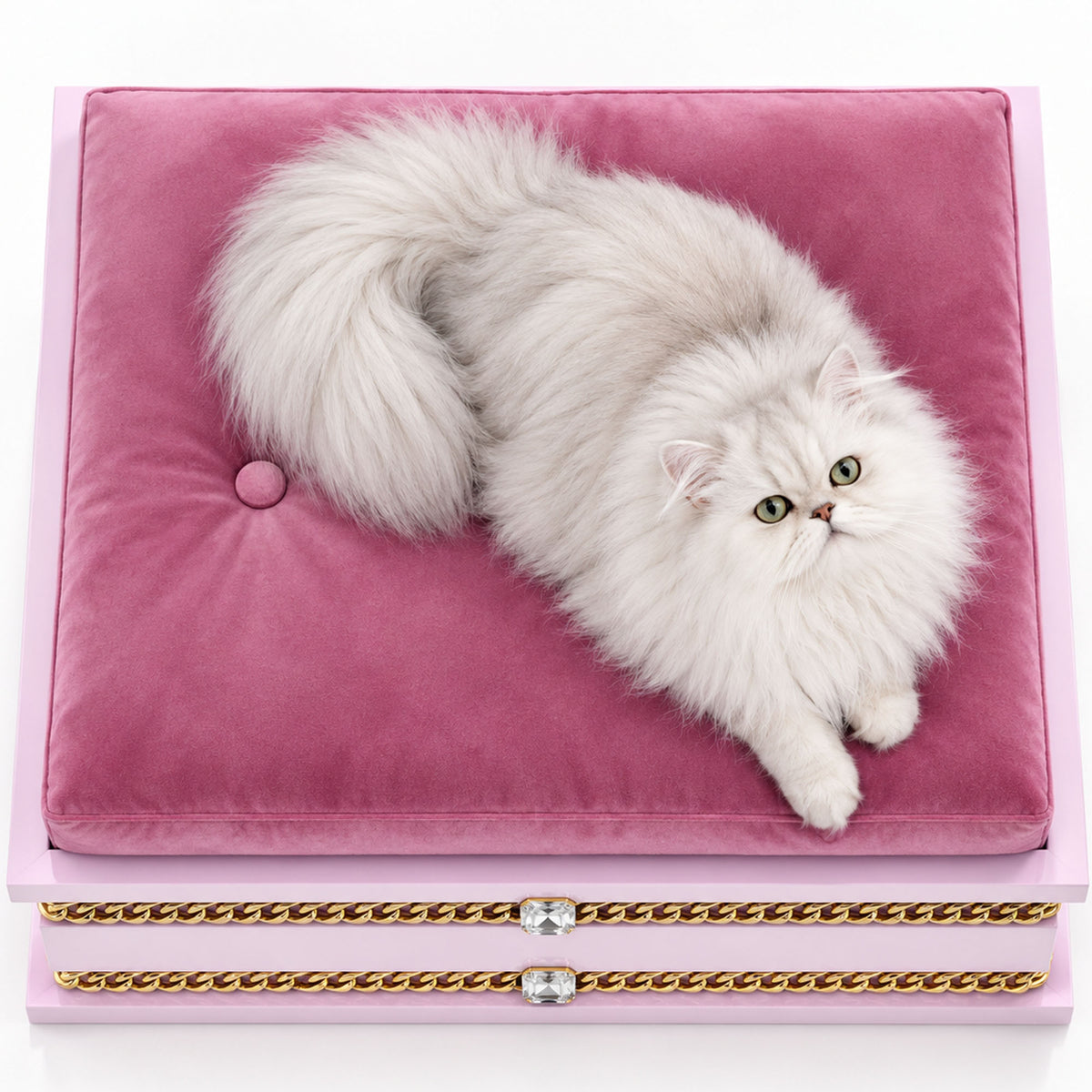 Long-haired white Persian cat resting on a FUROAR pink luxury cat bed with velvet cushion and gold chain detailing.