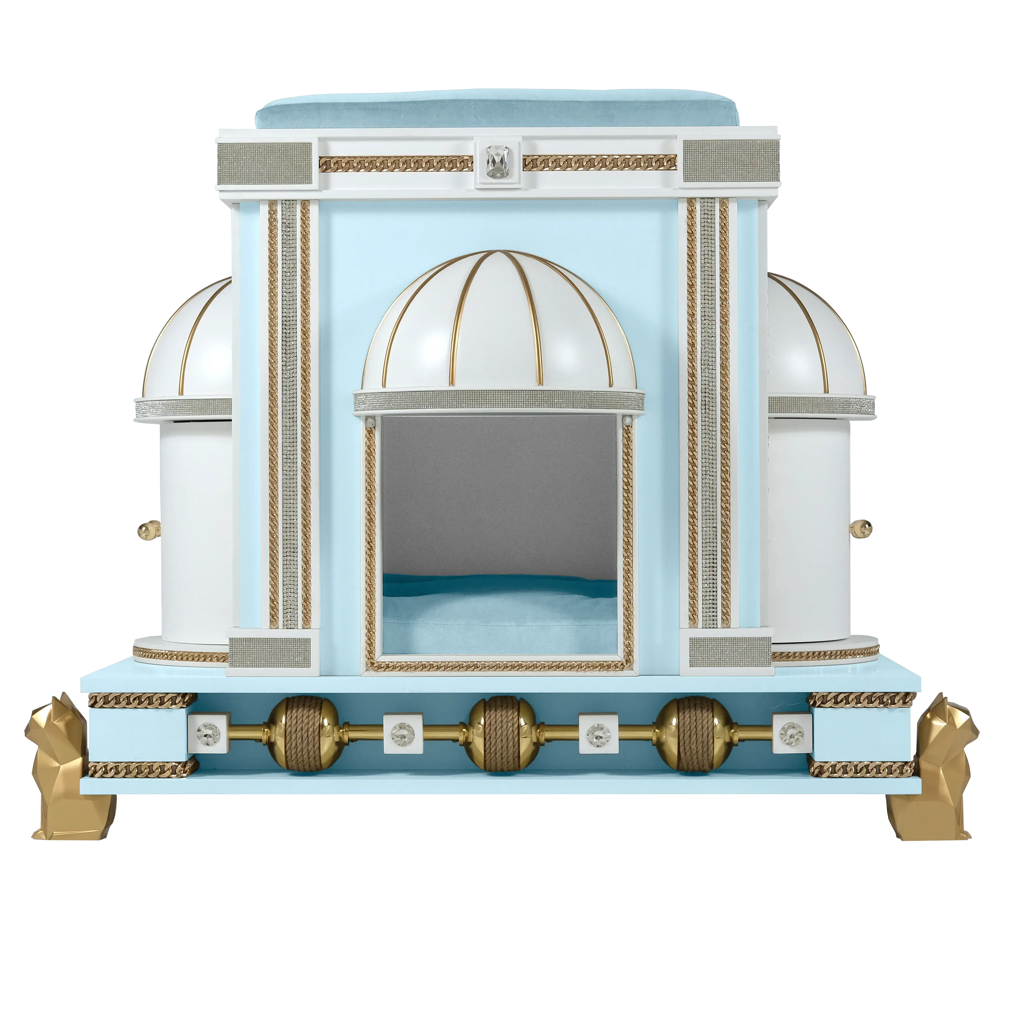 Front entrance of the Count modern cat pet palace, a minimalist designer cat house with clean lines for a stylish kitten.