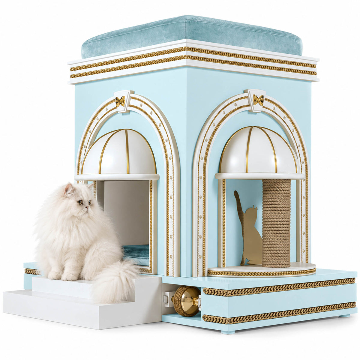 A fluffy white long-haired cat sits on a decorative light blue and white cat house with gold trim, featuring arched window frames, a scratching post inside, and a cushioned top platform.