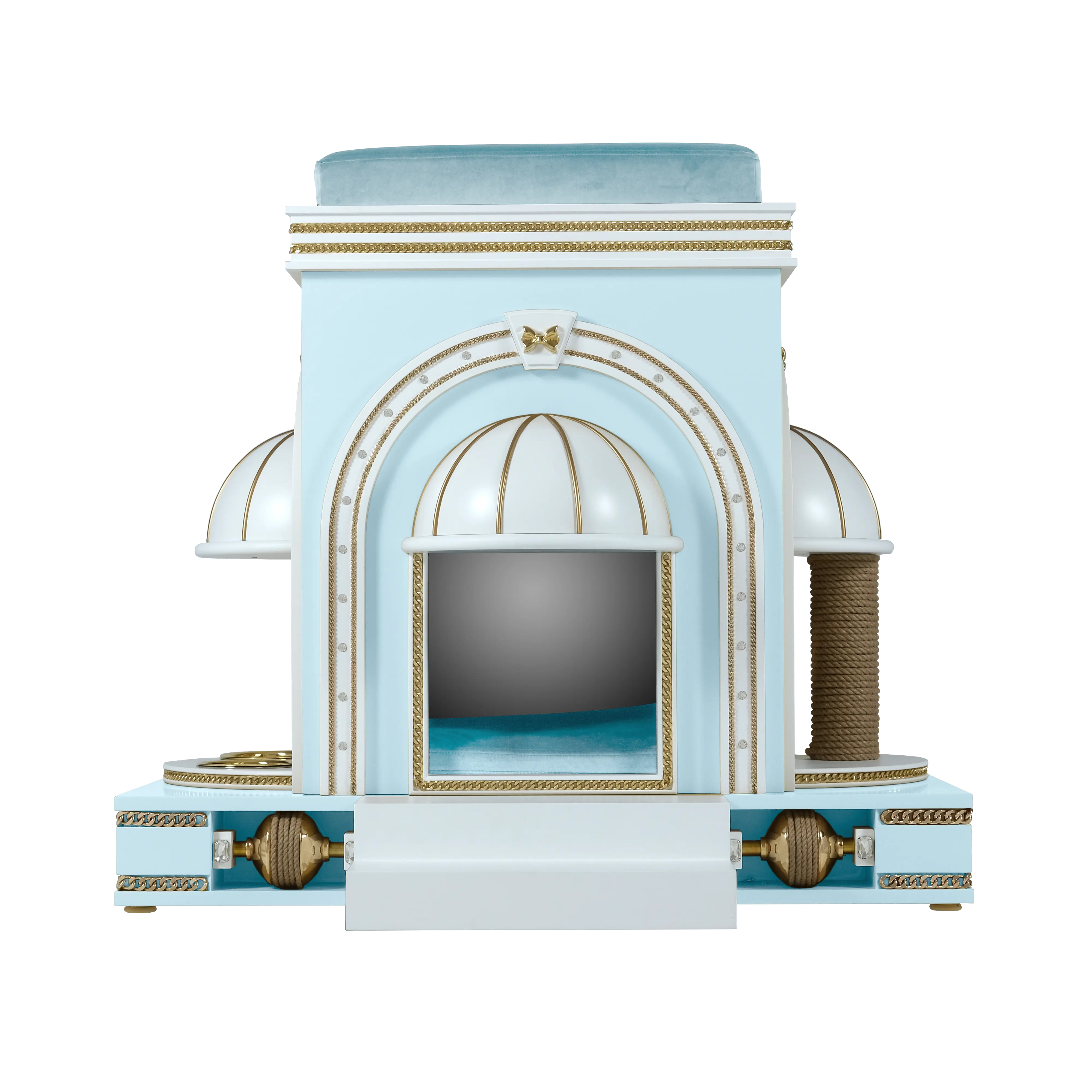 "Front view of the COUNTESS luxury pet house, showcasing the regal symmetry and elite designer craftsmanship for a noble royal companion."