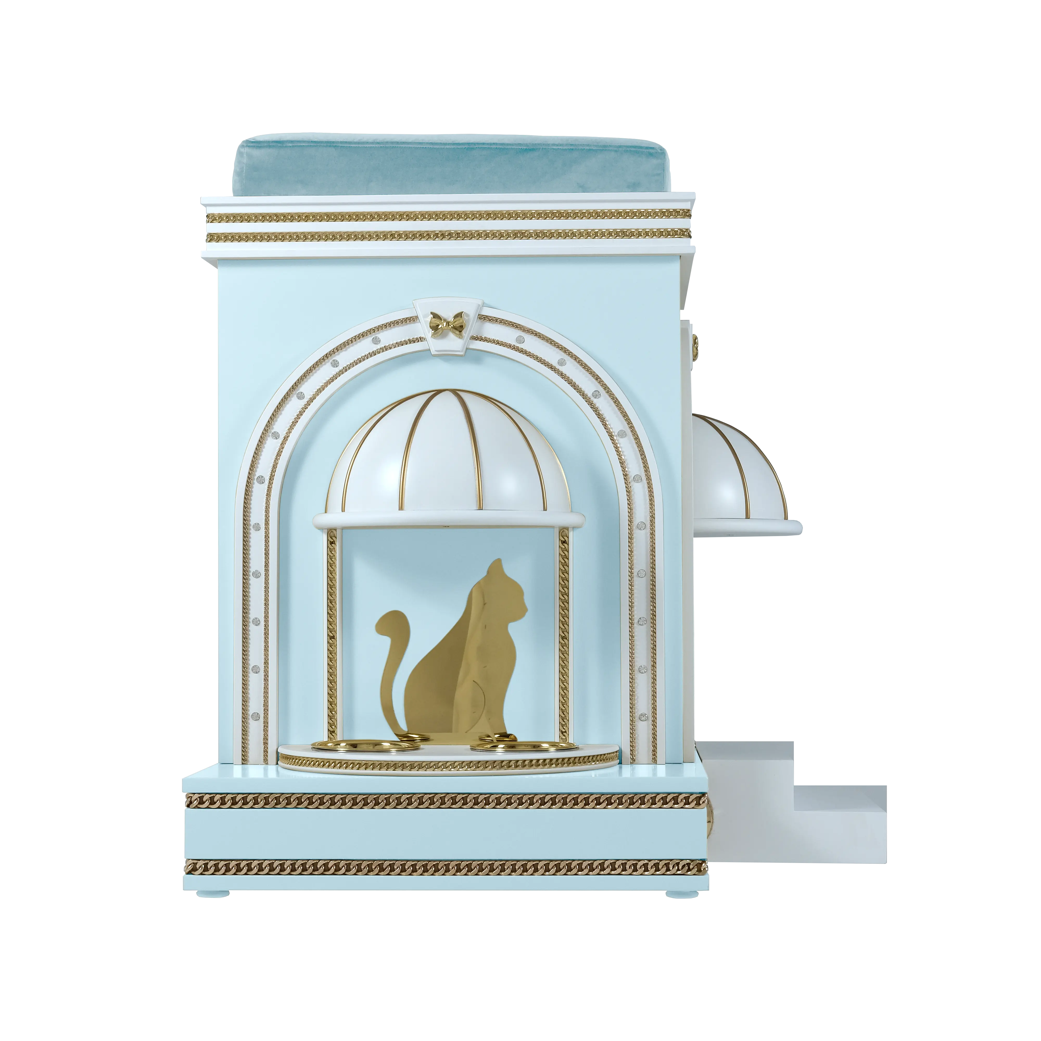 "The COUNTESS pet house featuring an integrated feeding station, blending functional designer luxury into a royal architectural sanctuary."