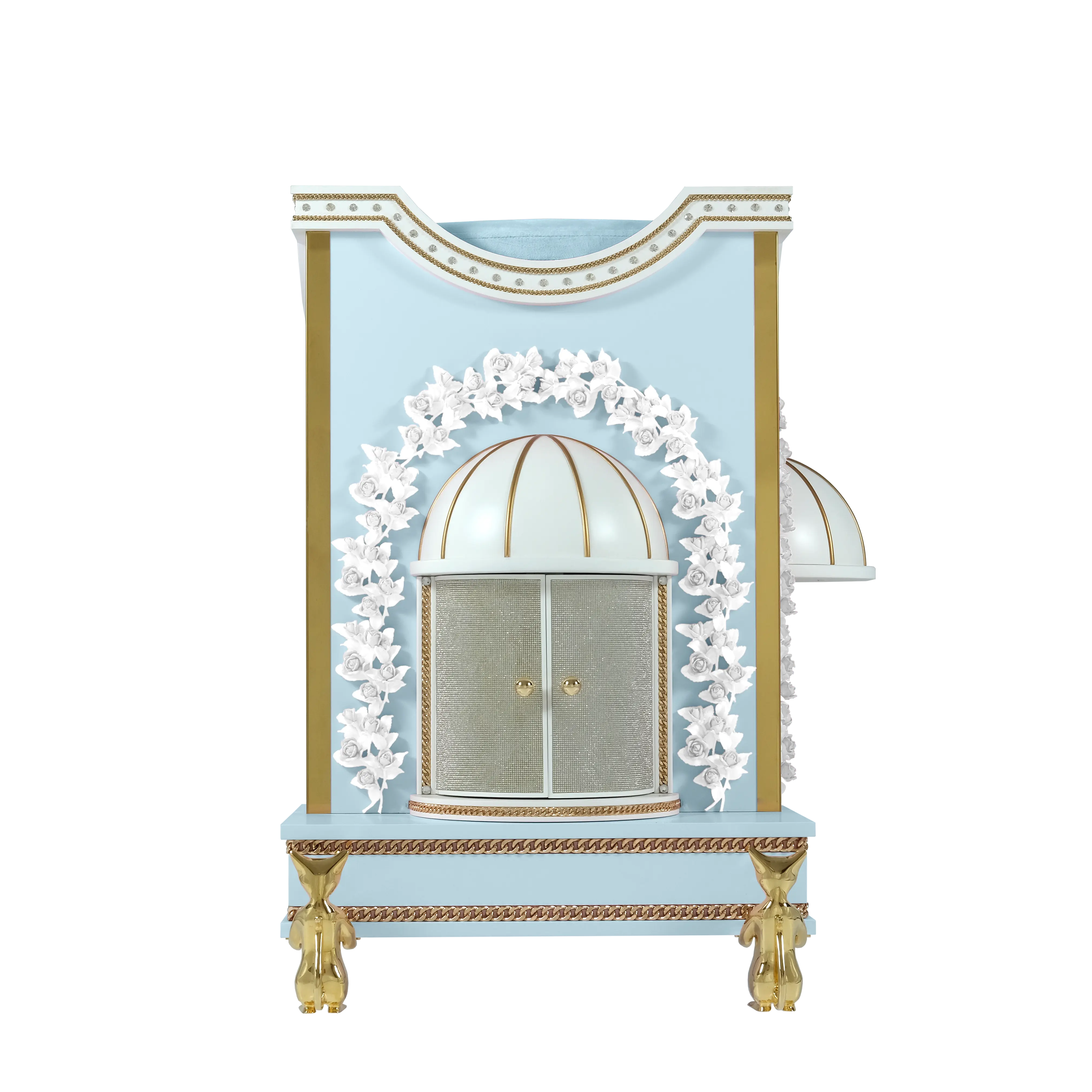 "Detail of the diamond crystal mesh on the BELOVED couture pet sanctuary, emphasizing the elite power and brilliance of this bespoke designer bed."