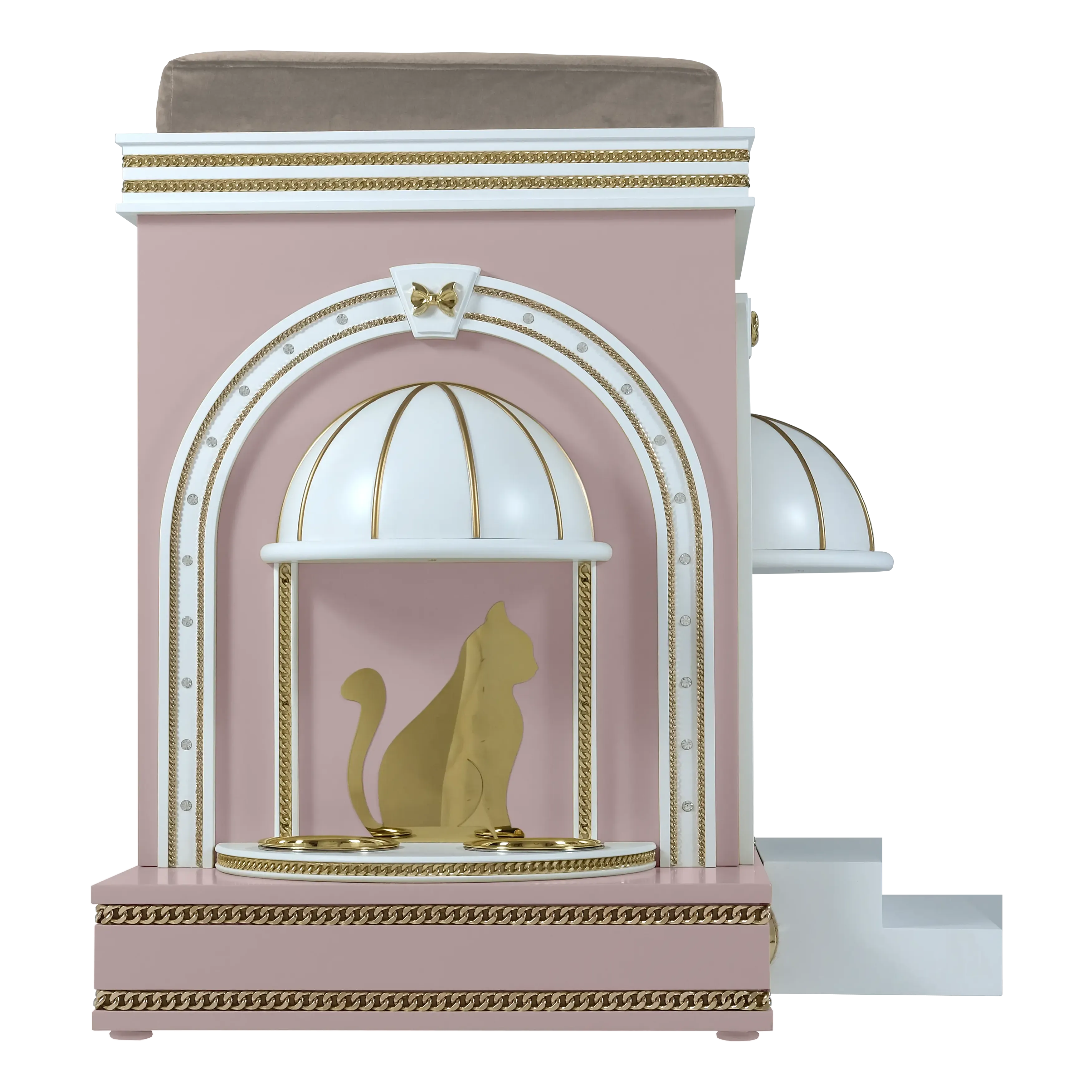"The CUDDLES pet house featuring an integrated feeding station, blending functional designer luxury into a care-driven architectural sanctuary."
