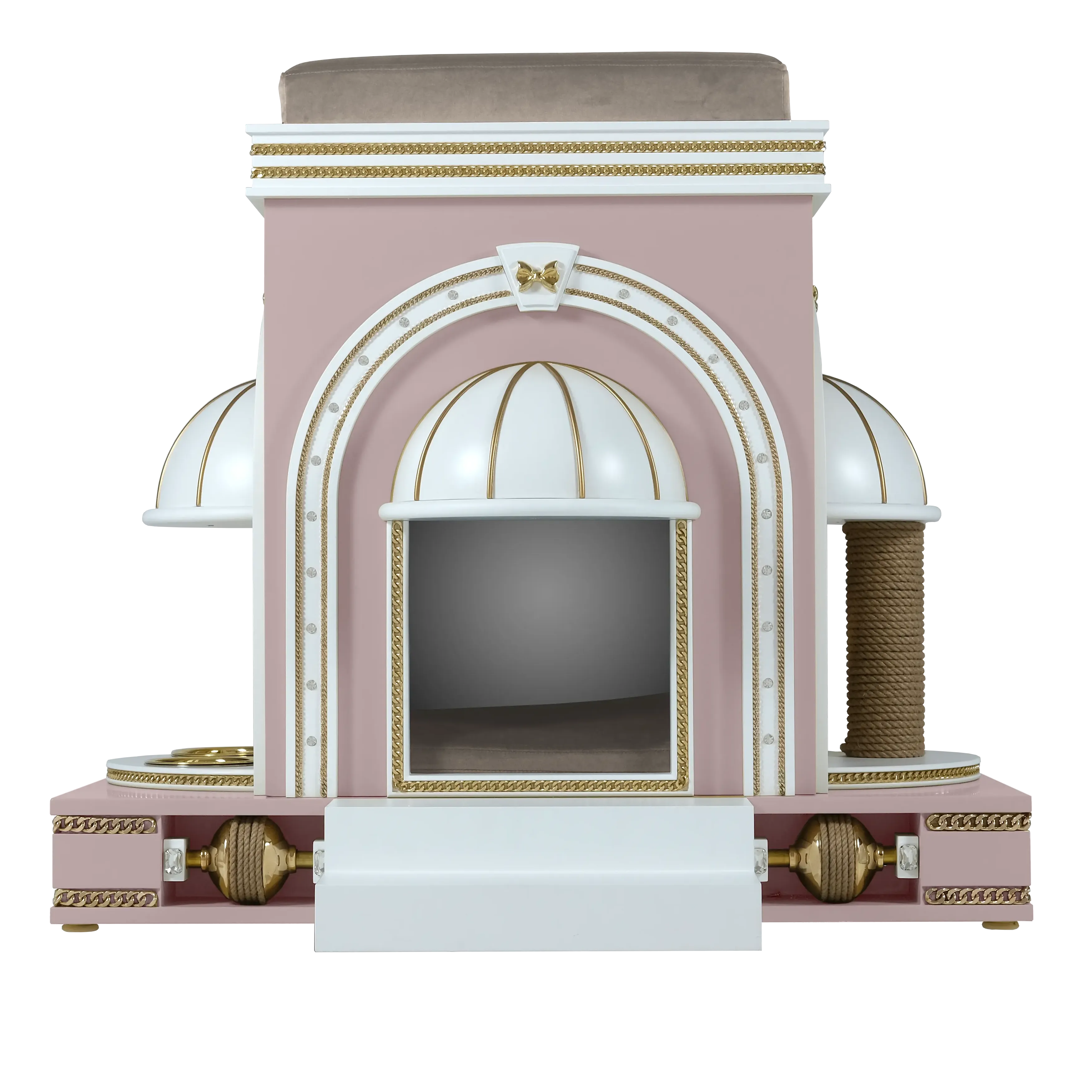 "Front view of the CUDDLES luxury pet house, showcasing the designer symmetry and elite craftsmanship built with love for a noble companion."