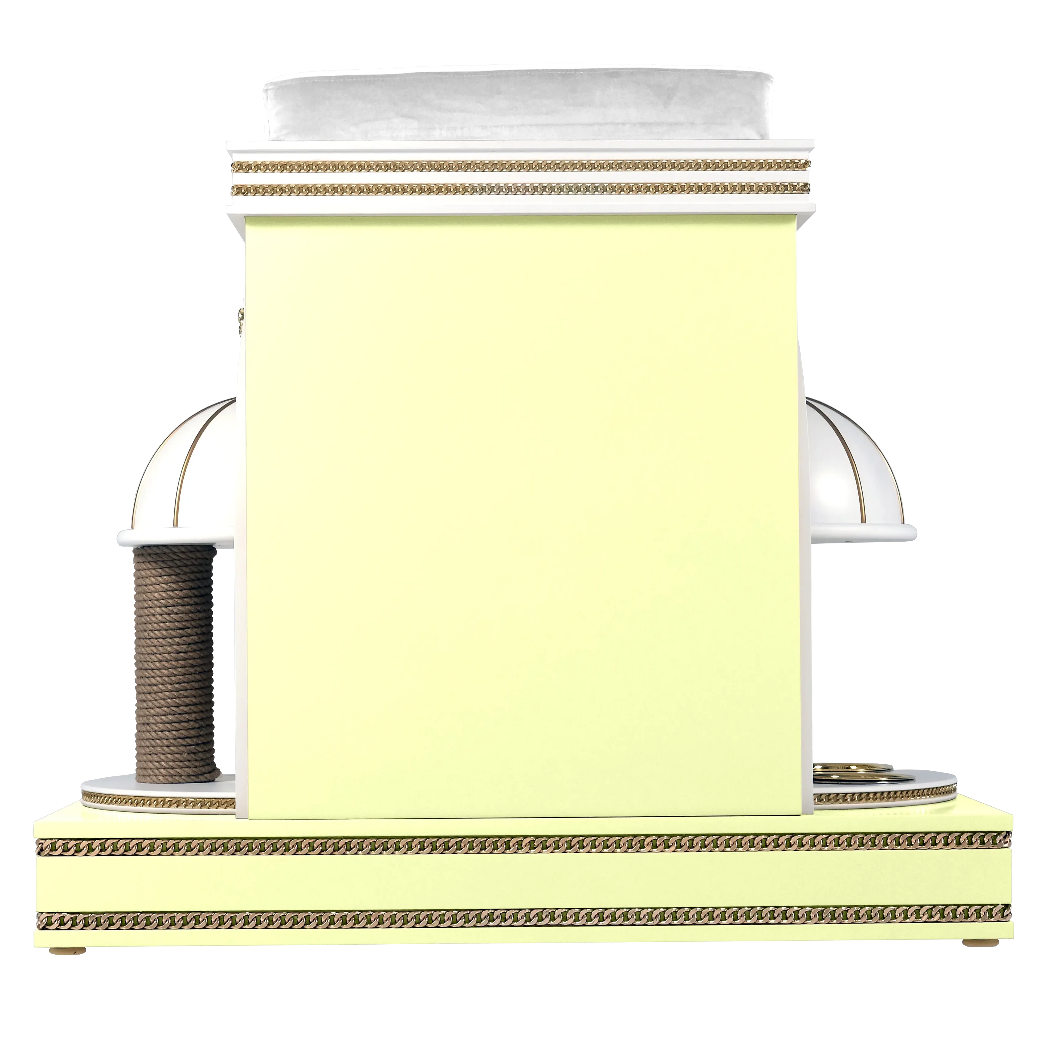 "Rear view of the DAISY architectural pet mansion, showcasing unique leg support and the flawless balance of refined modern elegance and sunshine."