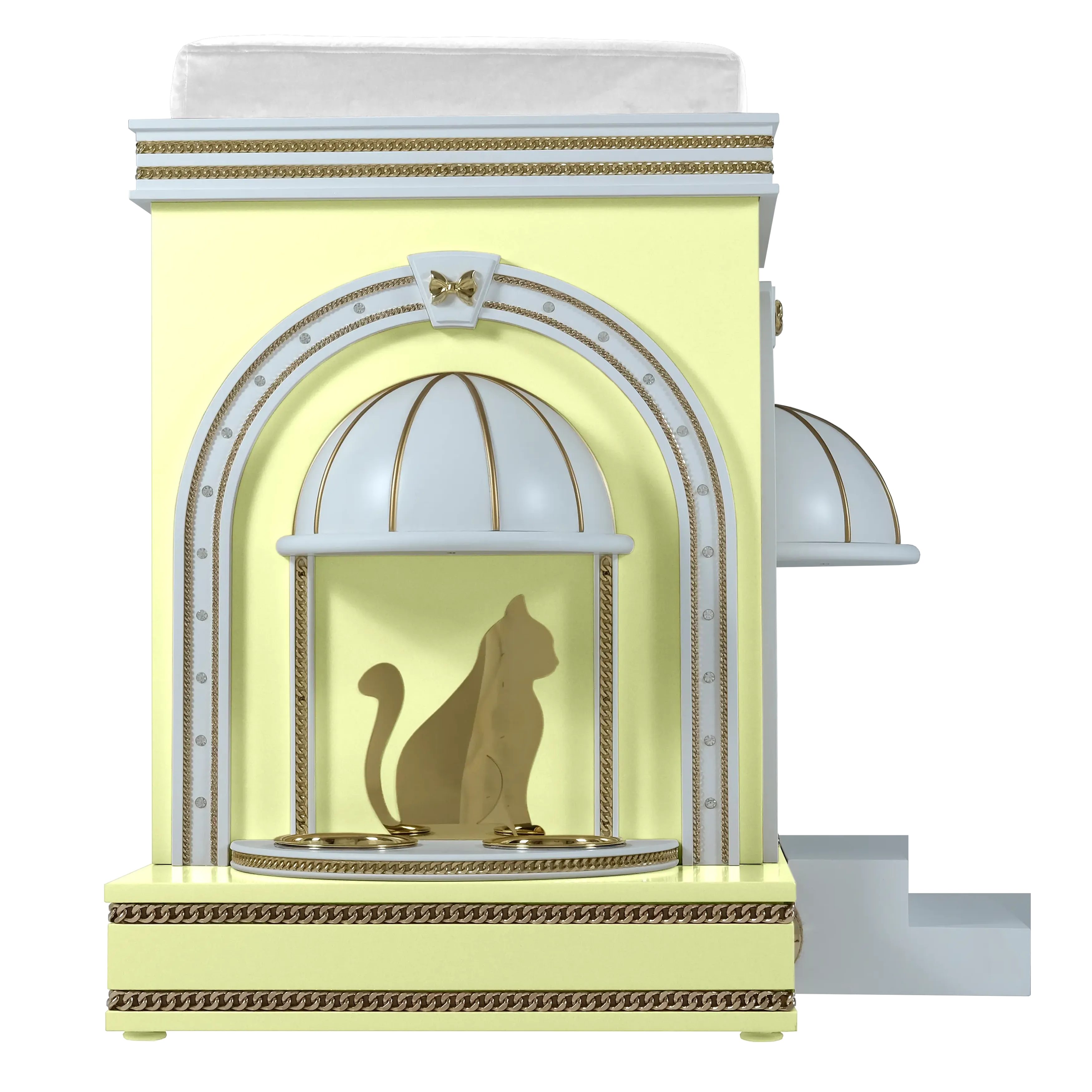 "The DAISY pet house featuring an integrated feeding station, blending functional designer luxury into a happy architectural sanctuary."