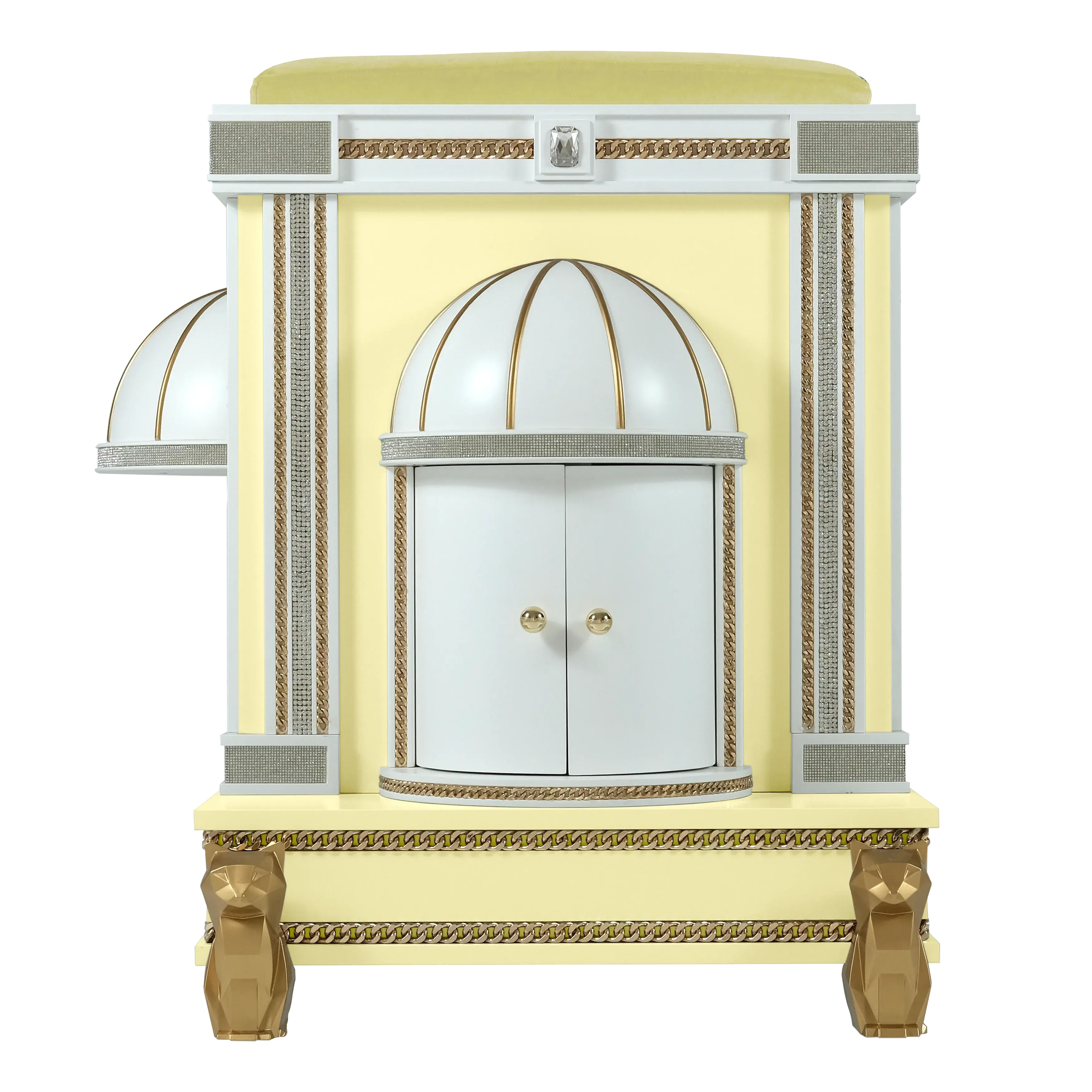 Close-up of the handcrafted gold accents on the modern Duchess cat pet palace, adding a royal touch to this designer cat house.