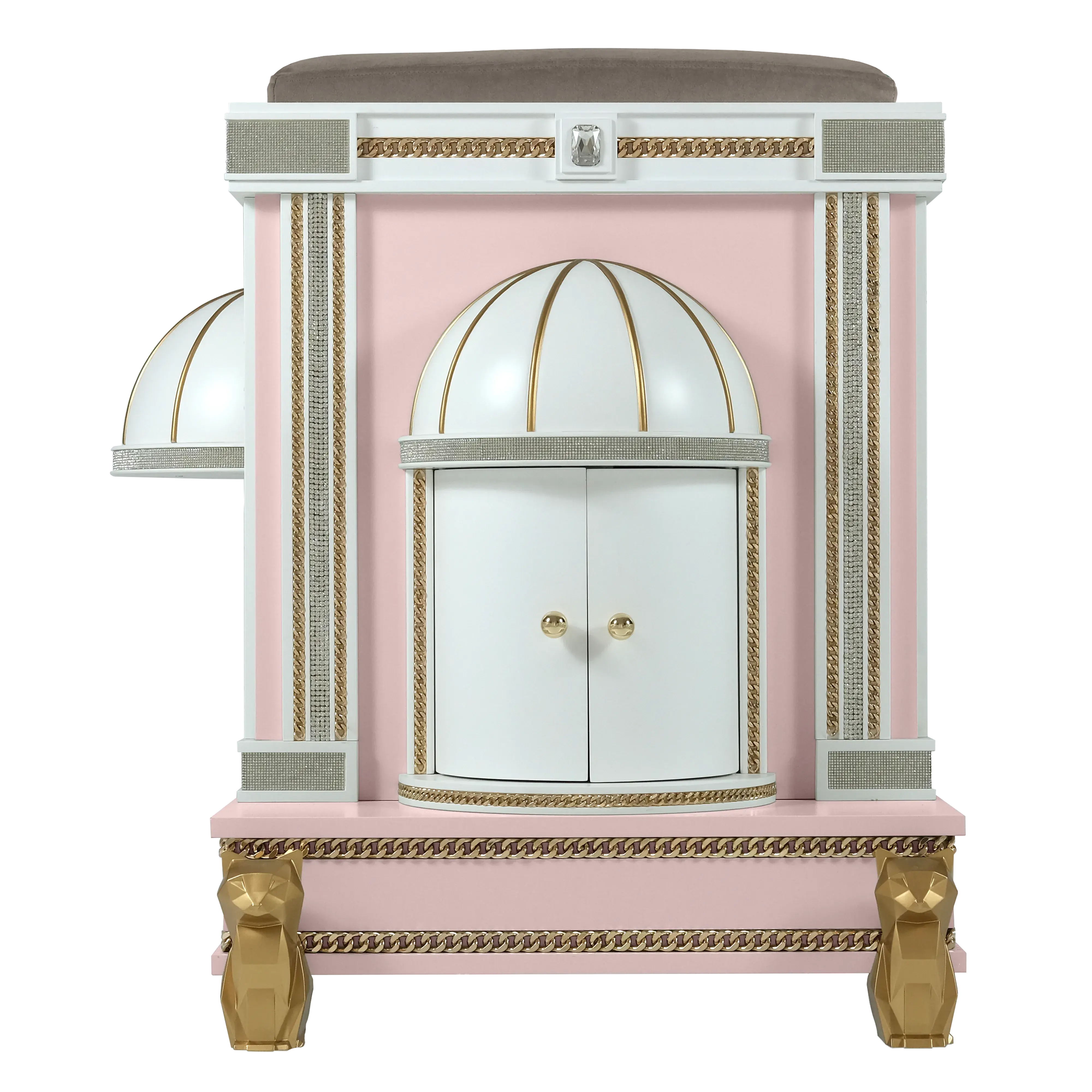 Close-up of the premium plush textures  and  luxury closet on the Fluffy cat house pet palace, ideal for a nesting kitten.
