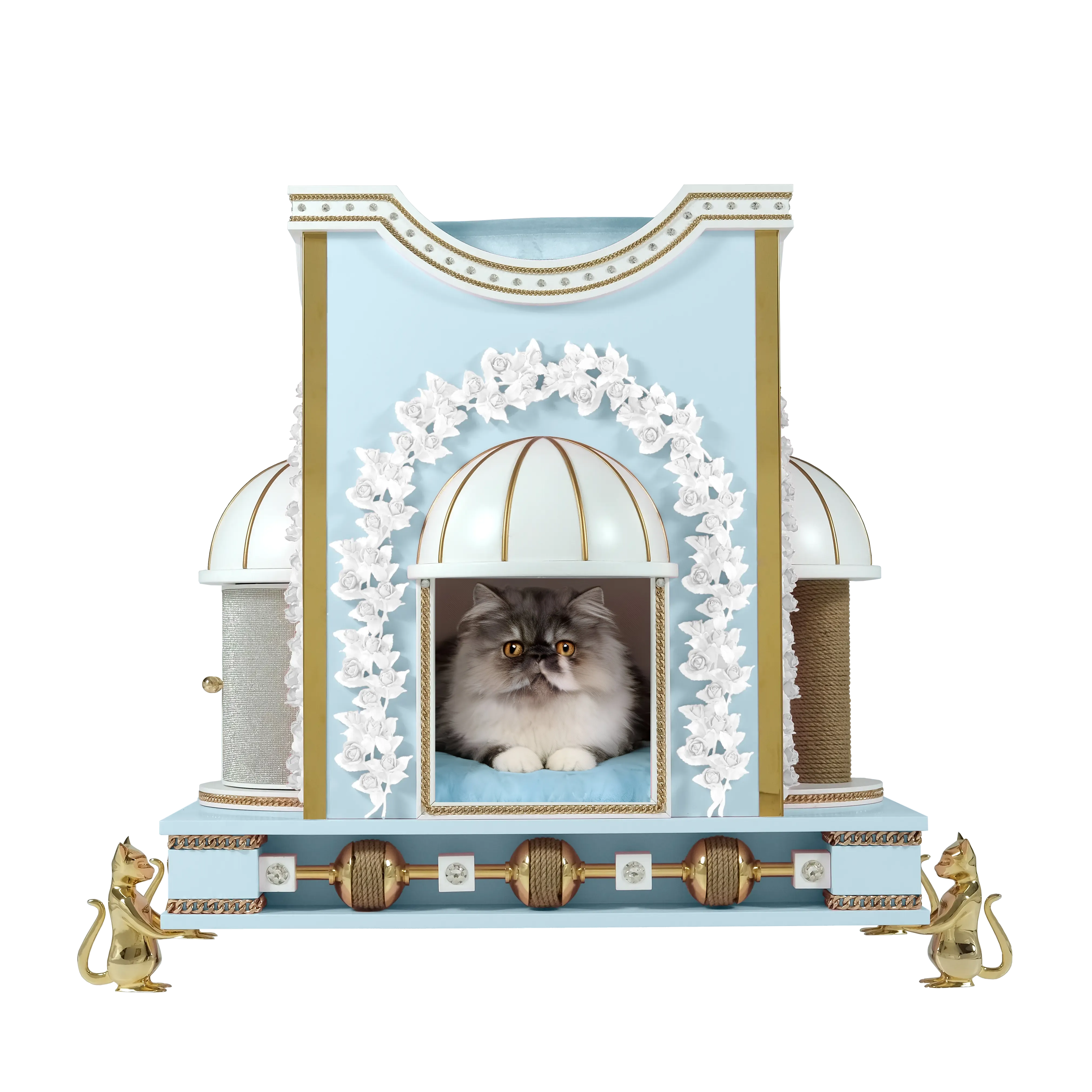 "A noble cat resting within the BELOVED couture pet pavilion, a romantic luxury sanctuary featuring refined modern elegance and white satin textures."