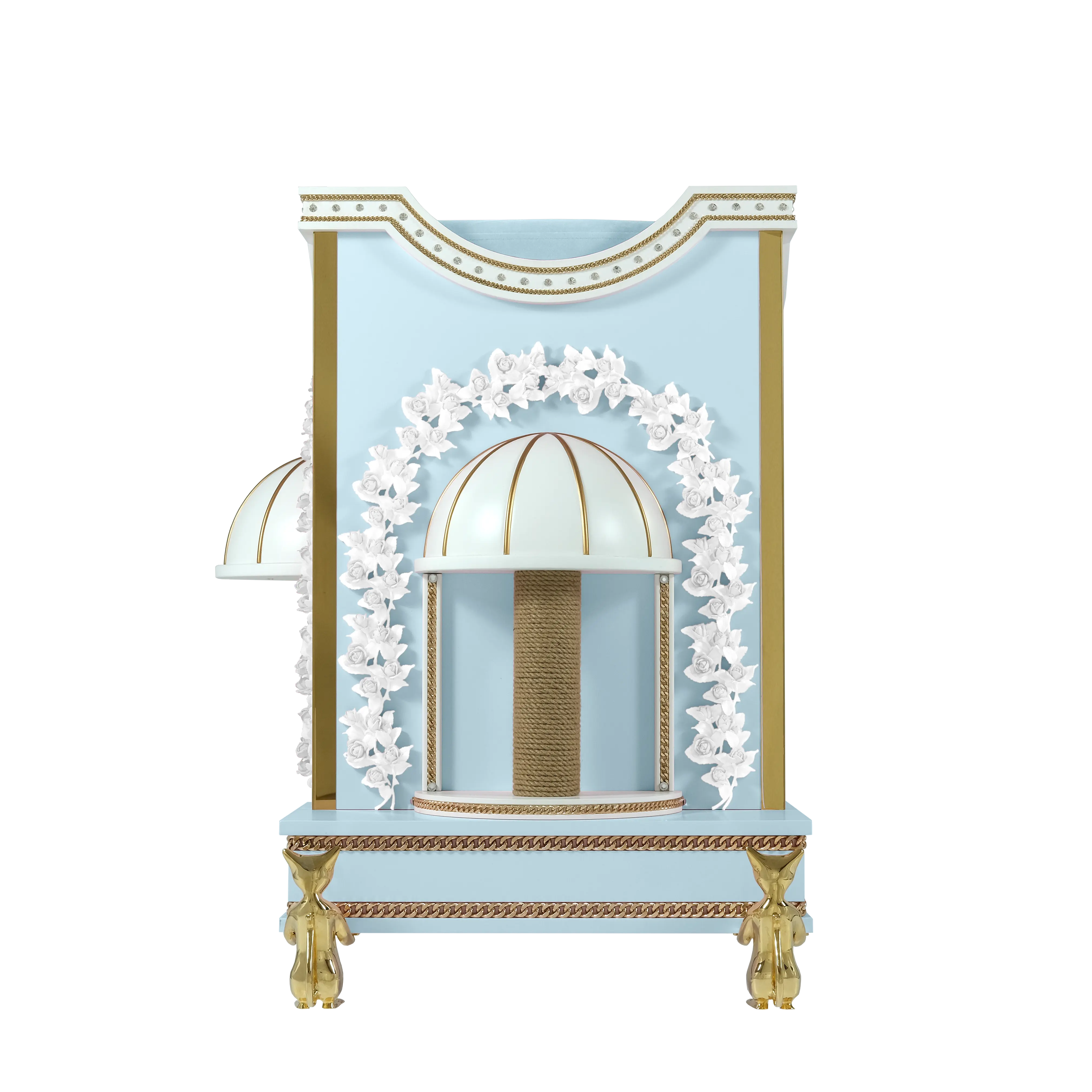 "Luxury couture sisal scratching post on the BELOVED white pavilion, where the wild instinct of the pet meets a romantic architectural masterpiece."