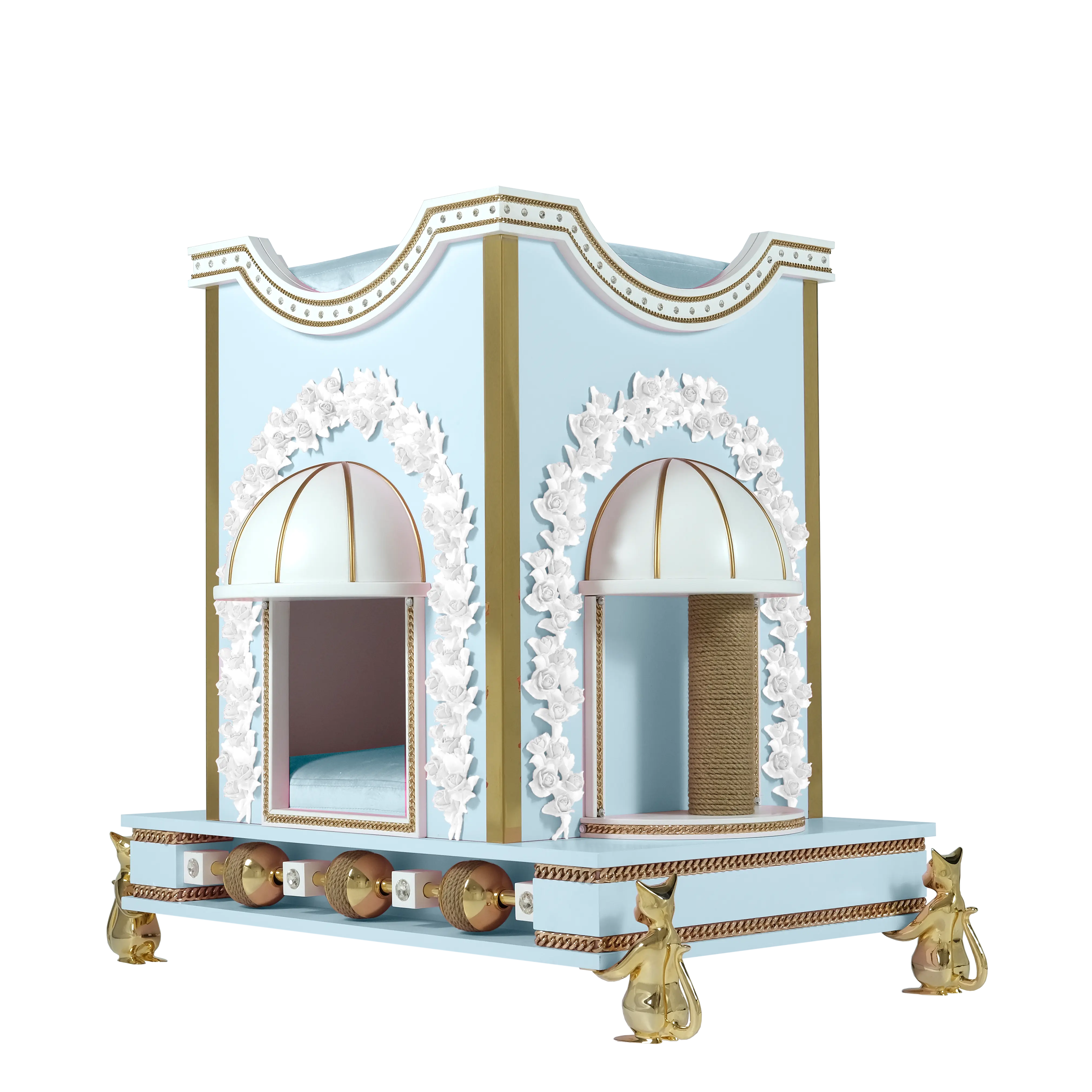 "Interior view of the BELOVED sanctuary featuring a white satin velvet couture mattress for a truly noble and exotic feline experience."