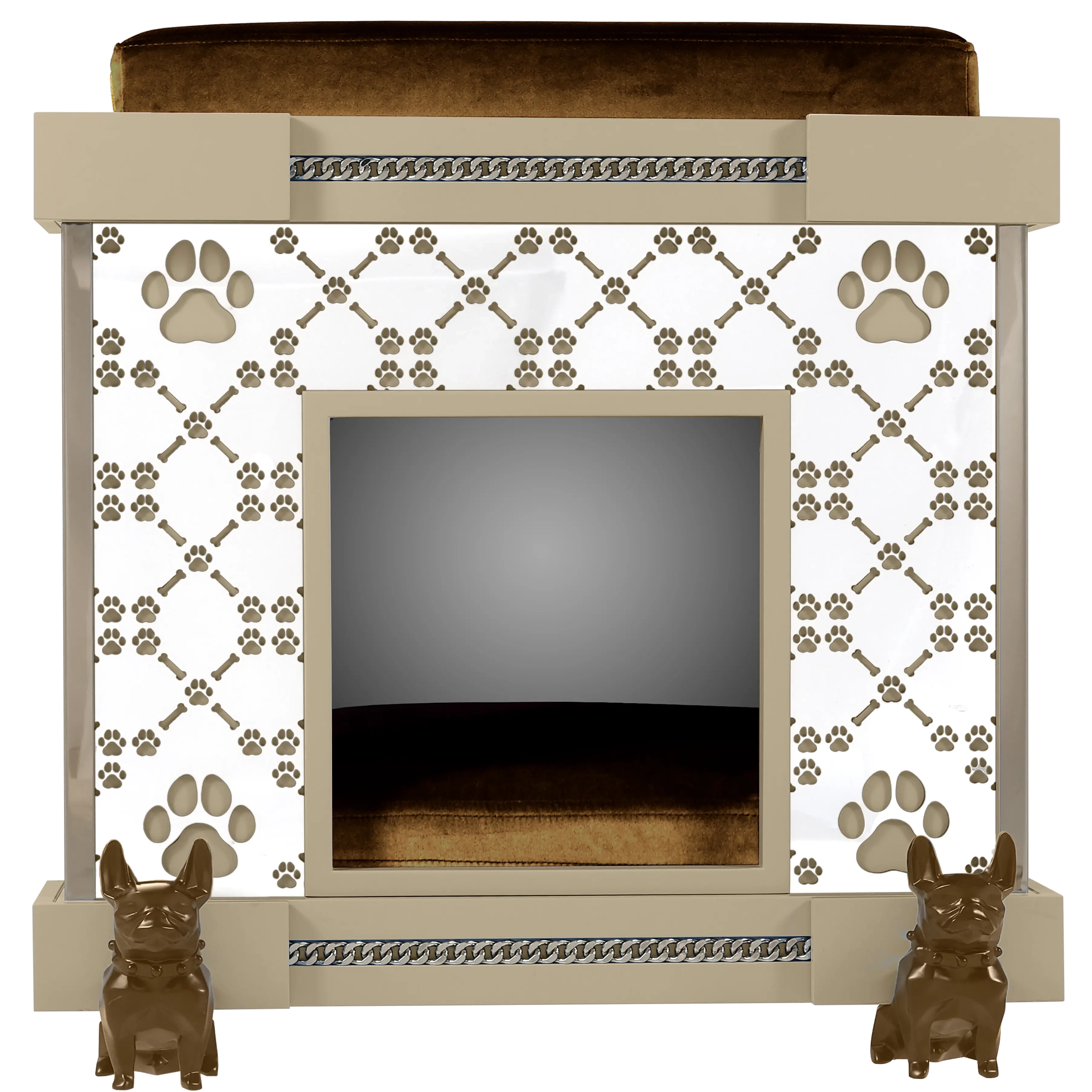 "Designer dog kennel facade featuring French Bulldog casters and signature laser-cut patterns in a Sand finish."