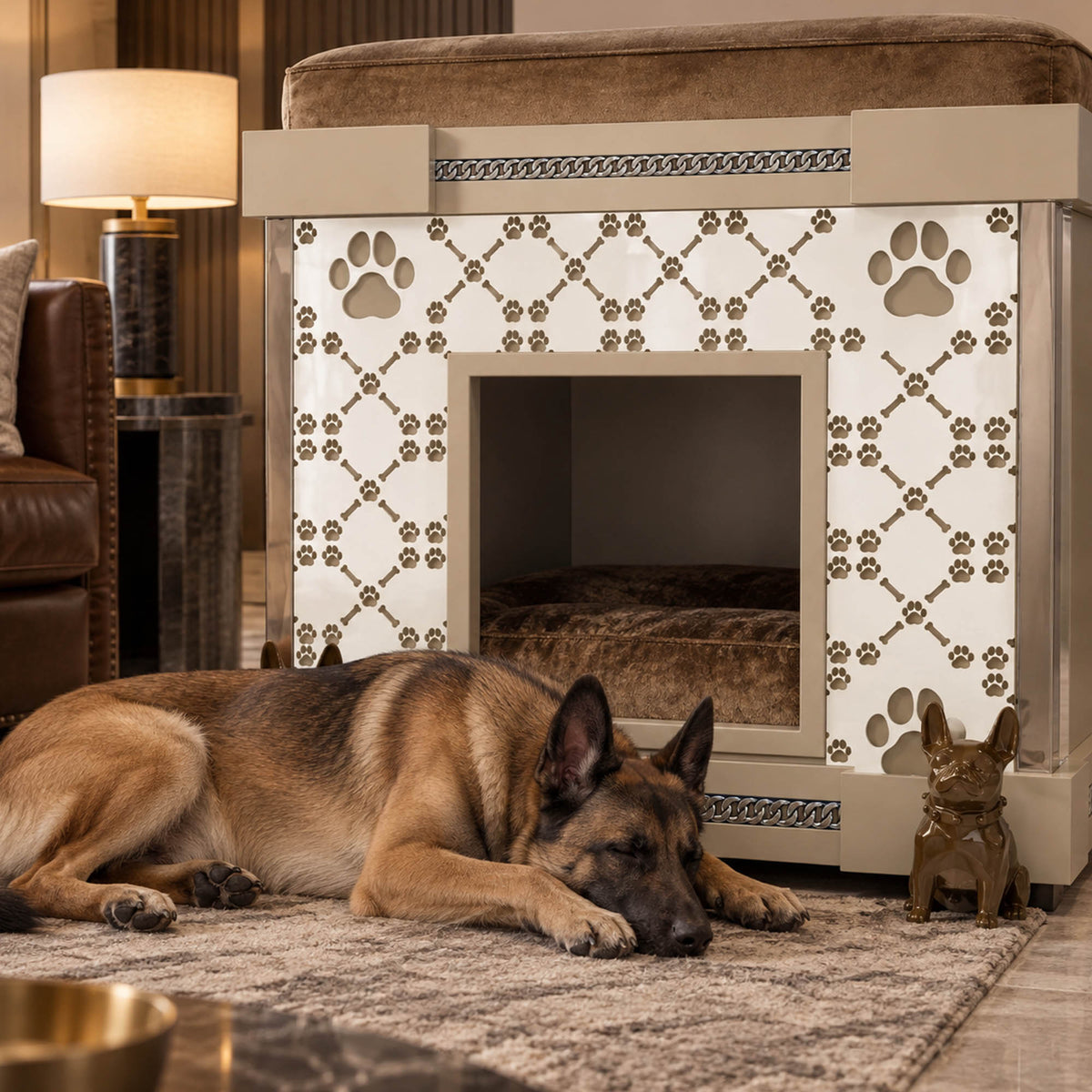 A German Shepherd lies on a patterned rug in front of an ornate cream-colored dog bed with paw-print and chain-link patterns, in a styled living room setting.