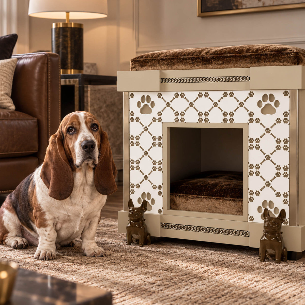 A beige and white patterned pet bench with a plush brown cushion sits on a carpeted floor in a living room, next to a Basset Hound. The bench features a decorative lattice pattern with paw prints, small dog statues at the base, and a cushioned interior.